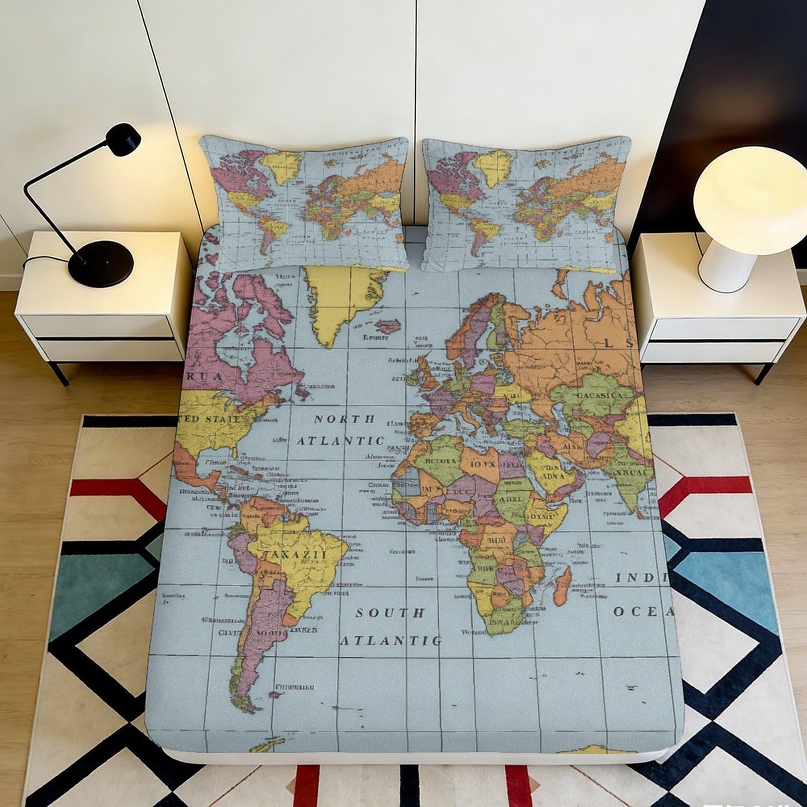 Jqzkxnhpbr Style-10 3D Printed World Map Fitted Sheet Microfiber Soft Breathable Vintage Globe Bed Cover For Bedroom Guest Room Decor 90X200x25cm