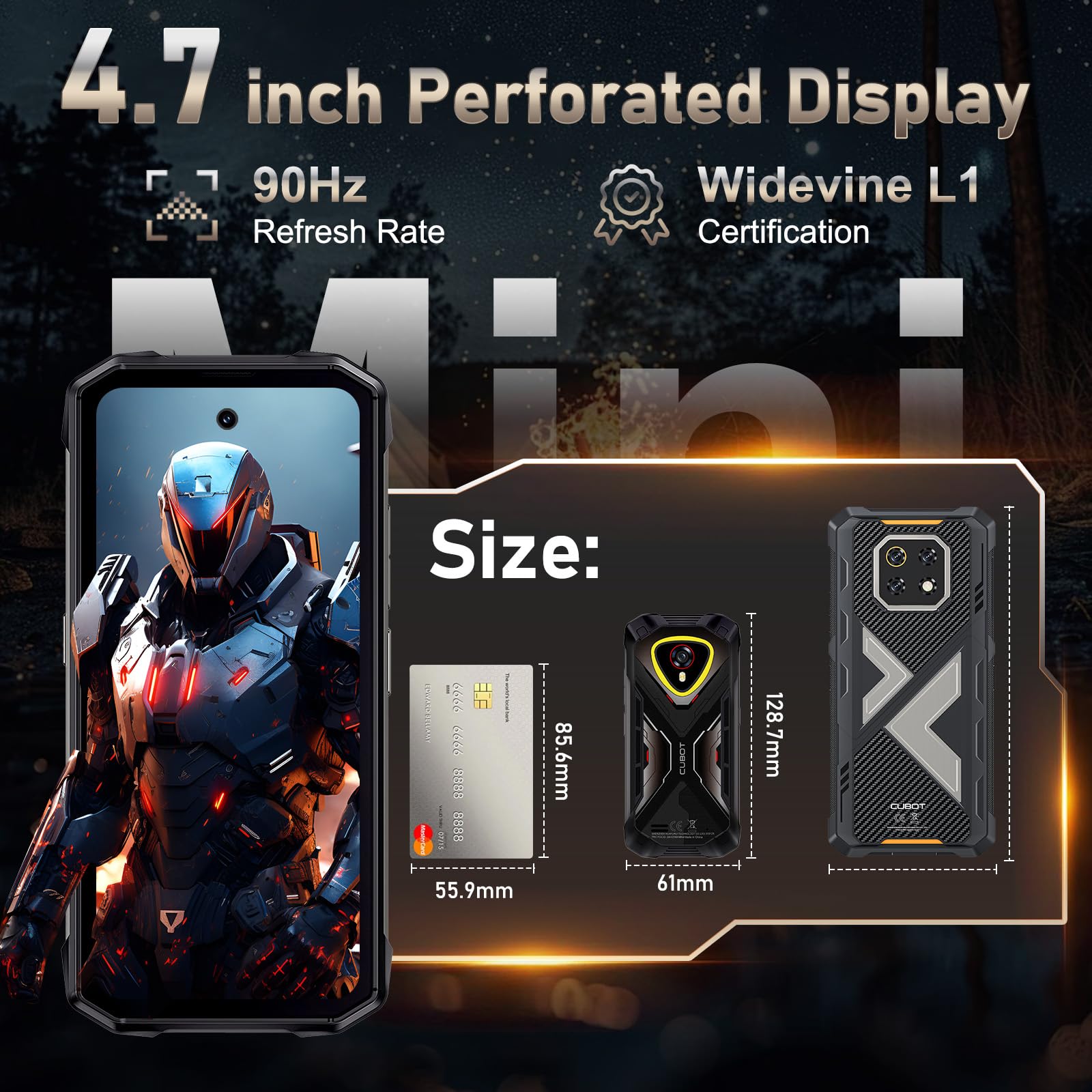 CUBOT Kingkong Mini 4 Rugged Smartphone Android 15, 16GB+128GB/1TB Telefono Indistruttibile, 90Hz 4.7'' Display, Campeggio Luce, 48MP, 4700mAh Celluare Antiurto, 4G Dual SIM/NFC/IP68/Widevine L1
