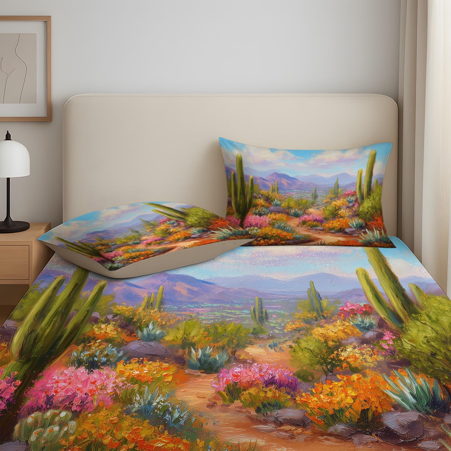 Botanisch Wüste Spannbetttuch Kaktus Floral Berge Spannbettlaken 140 x 200 x 30 cm 3teilig Mikrofaser Bettwäsche Set mit 2 Kissenbezüge 80 x 80 cm Kein Flachbettlaken