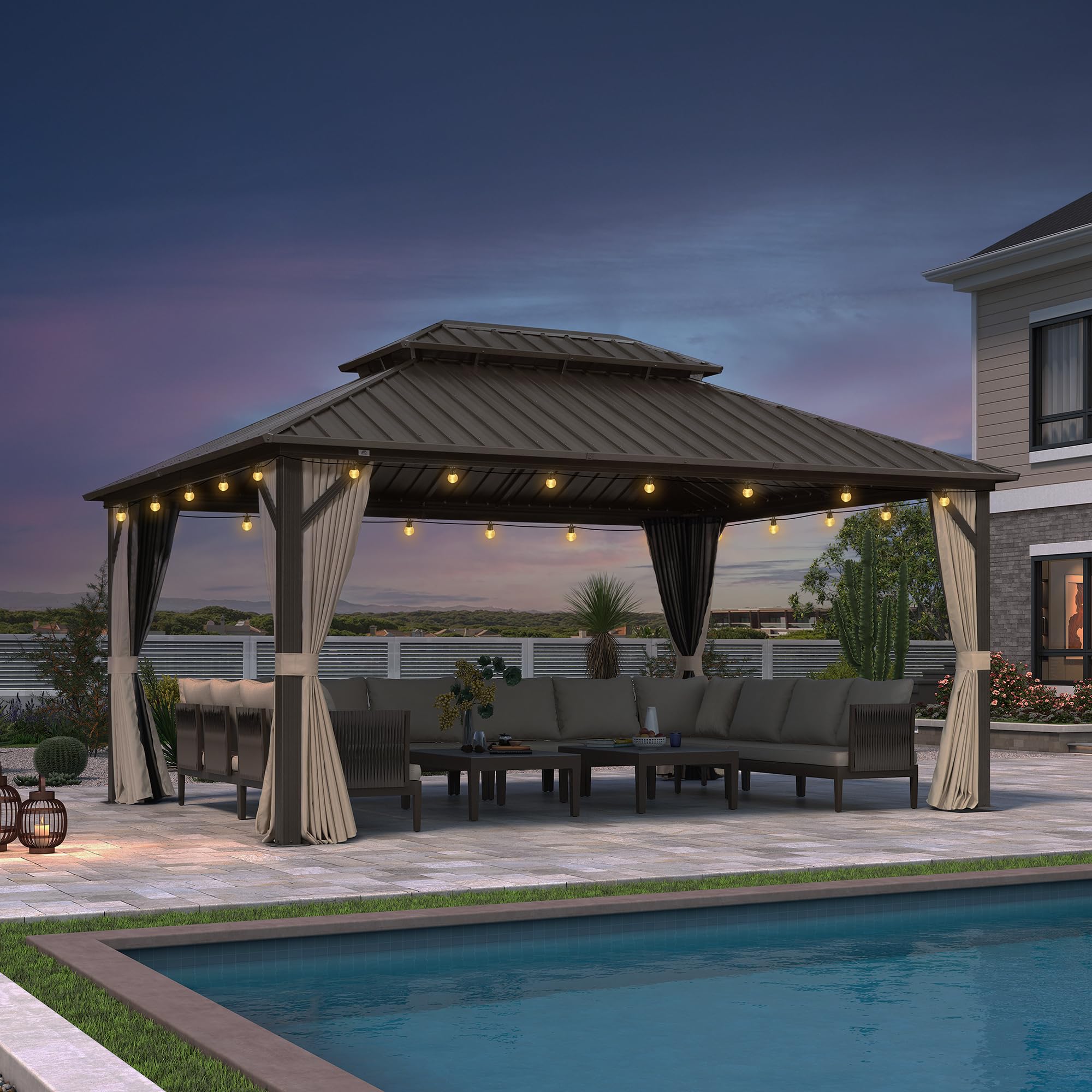 PURPLE LEAF Pergola Toit Rigide Acier Galvanisé 4,85 x 3,65 m Éclairage Intégré Rideaux Aluminium Bronze