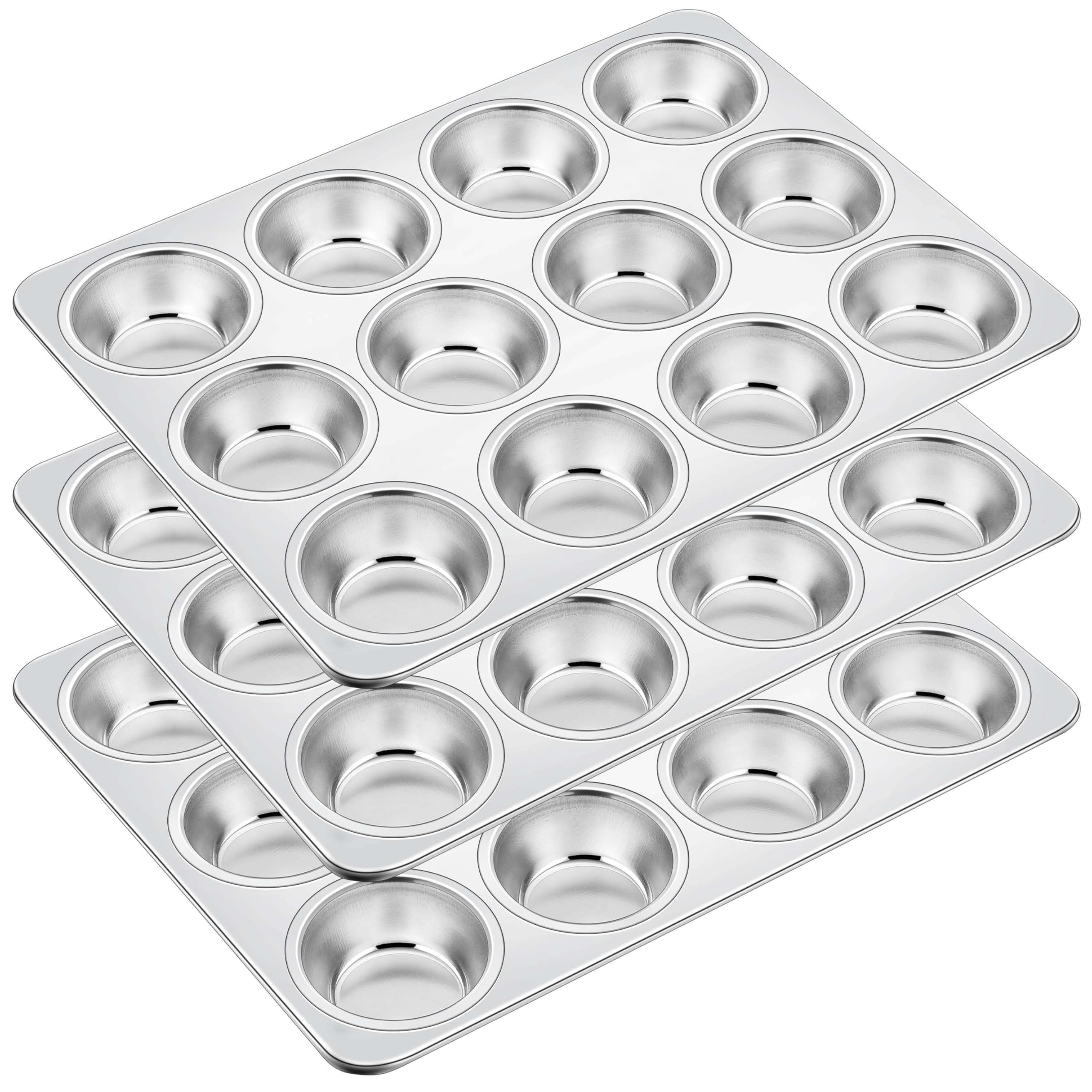 Homikit Paquete de 3 moldes para magdalenas, molde de acero inoxidable con 12 tazas de tamaño regular, bandeja de metal antiadherente para hornear, no tóxico y libre de óxido, apto para horno y
