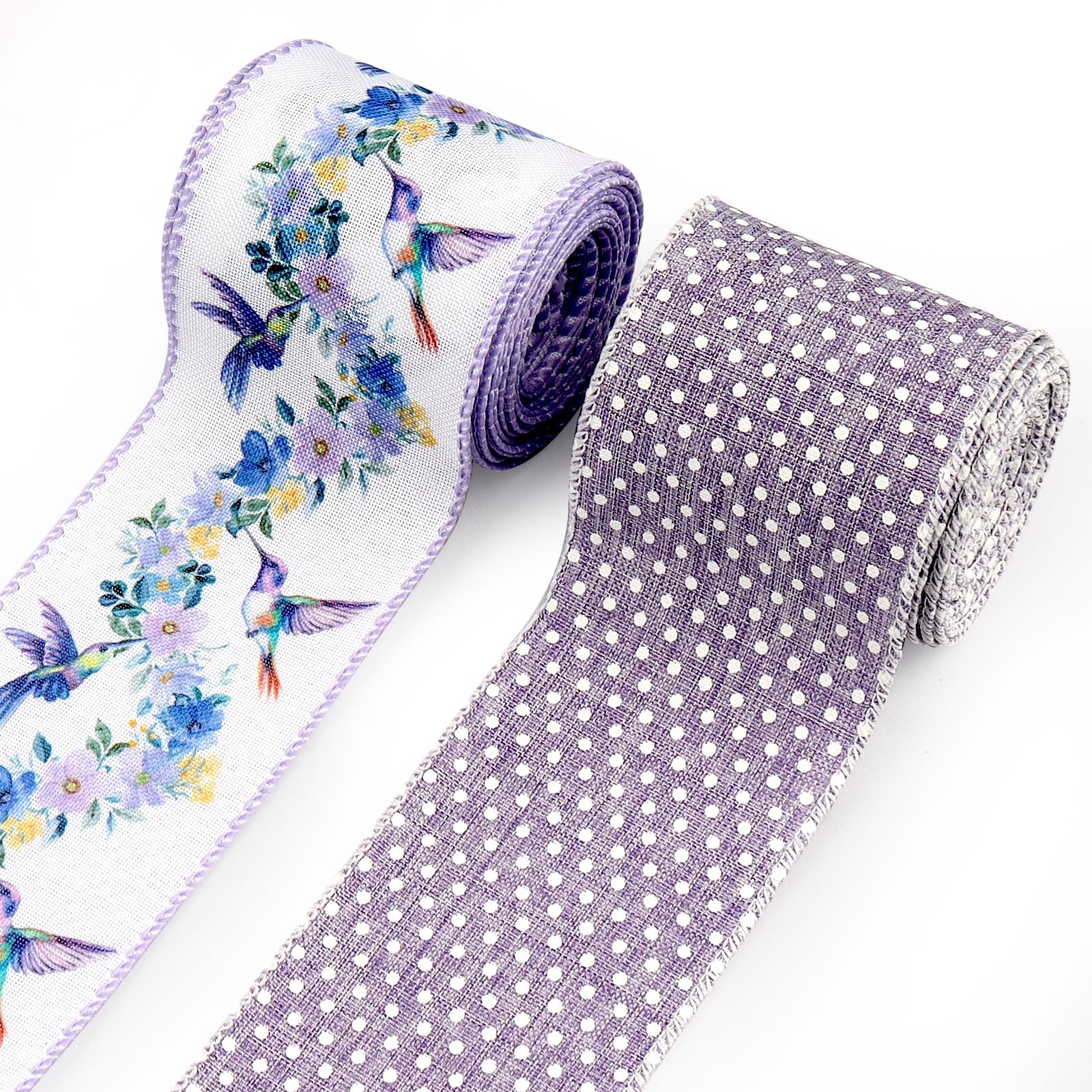 Habbiful 2.5"×10 Yards Spring Wired Ribbon for DIY Crafts Gift Wrapping Wreath Bows Birds Flowers Burlap Ribbon Purple Animal Plant Ribbon for Home