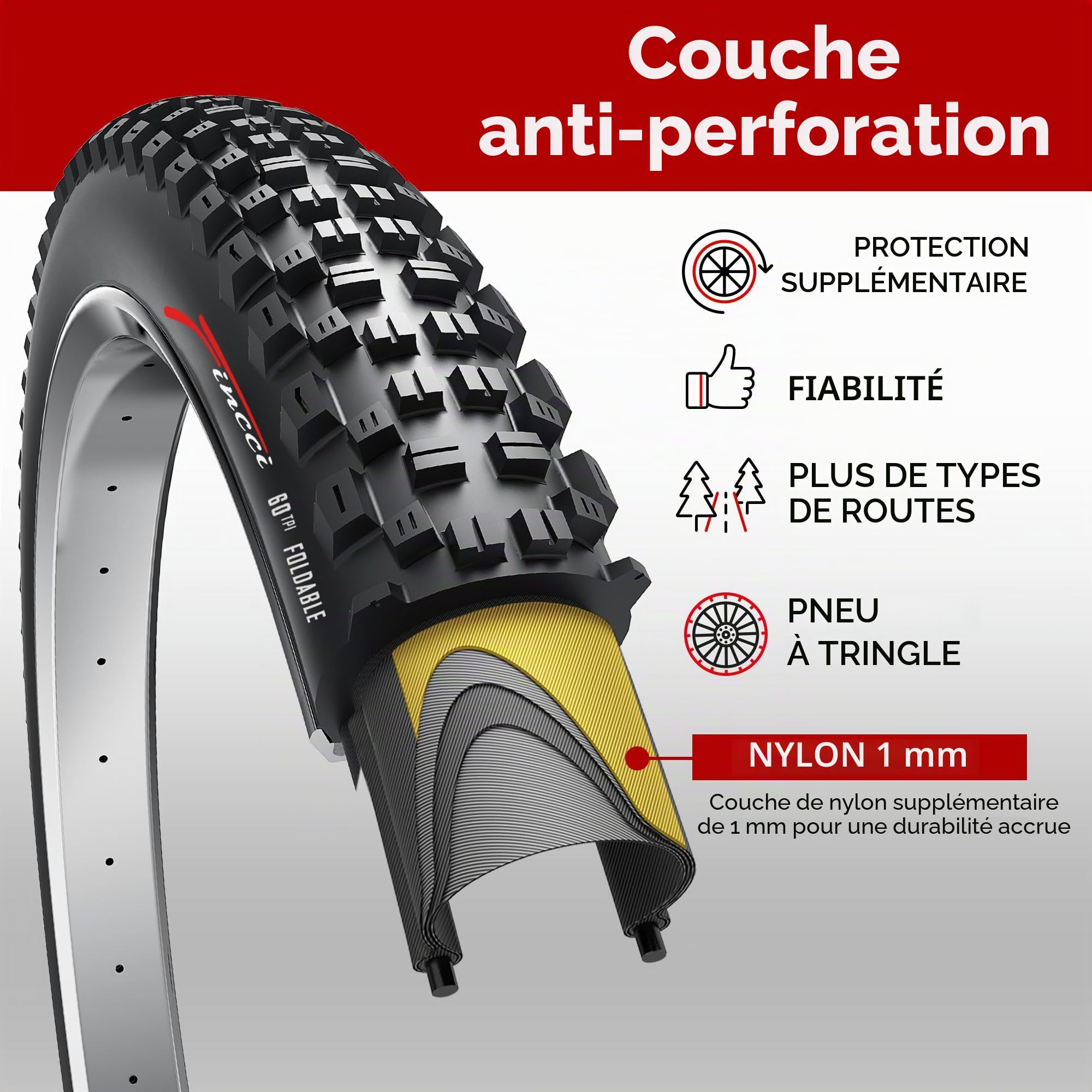 Fincci Pneu VTT 27.5 Pouces Pliable - Paquet de 2 Pneus Vélo de Montagne | Pneu 27.5x2.25 ETRTO 57-584 60 TPI 35-50 PSI - Anti-Crevaison 1mm pour Vélo Électrique VAE VTT Hybrid VTC Ville Adulte
