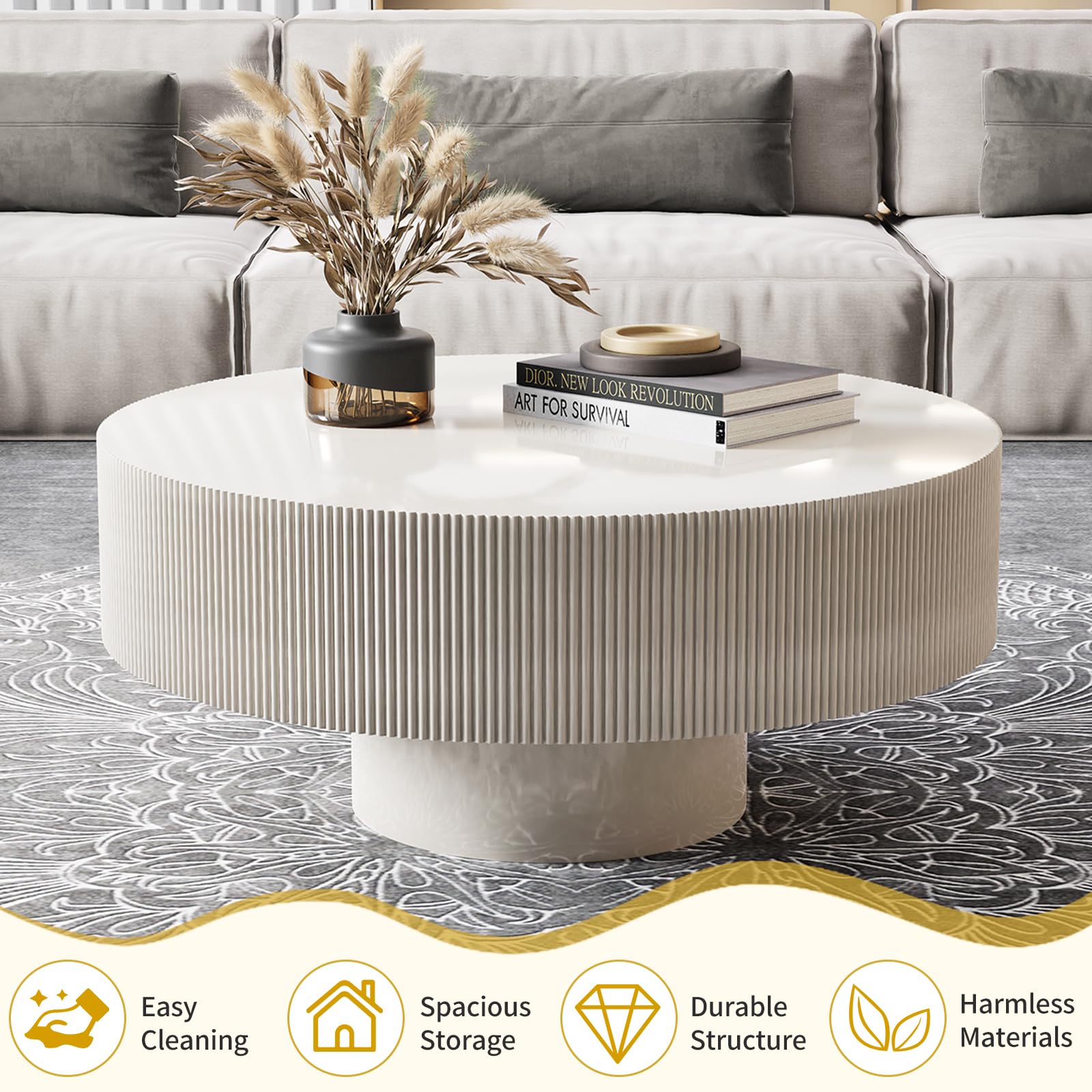 Table Basse Ronde Moderne, avec Bords plissés et Plateau Large, Tambour, Forme Champignon Stable et Basse avec Design linéaire, Design cannelé, Table pour Salon, Bureau (Blanc, 78.5cm)