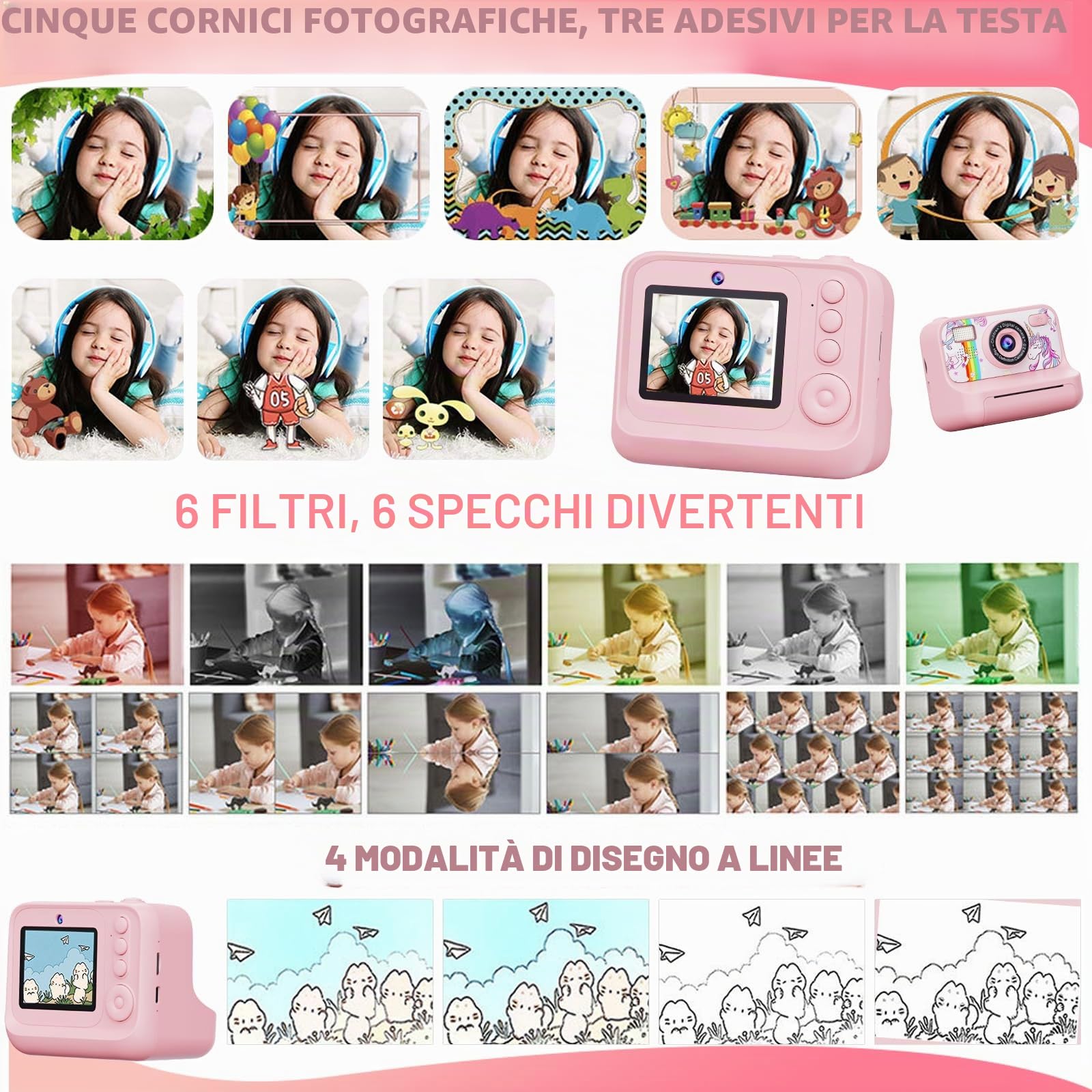Fotocamera Istantanea per Bambini, Fotocamera Bambini HD 1080P con Schermo da 2,4 Pollici, Scheda da 32 GB e 3 Rotoli di Carta da Stampa, Ragazze e Ragazzi da 3 a 12 Anni (Rosa, carino)