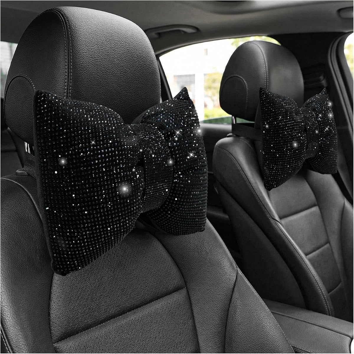 2 PCS Rhinestone Car Headrest Neck Pillow, Bling Bowknot Auto Head Rest Relax Cushion, Soft Sparkling Neck Support Pillows Interior Decor for Sedans Trucks SUVs, Car Accessories (Black)
