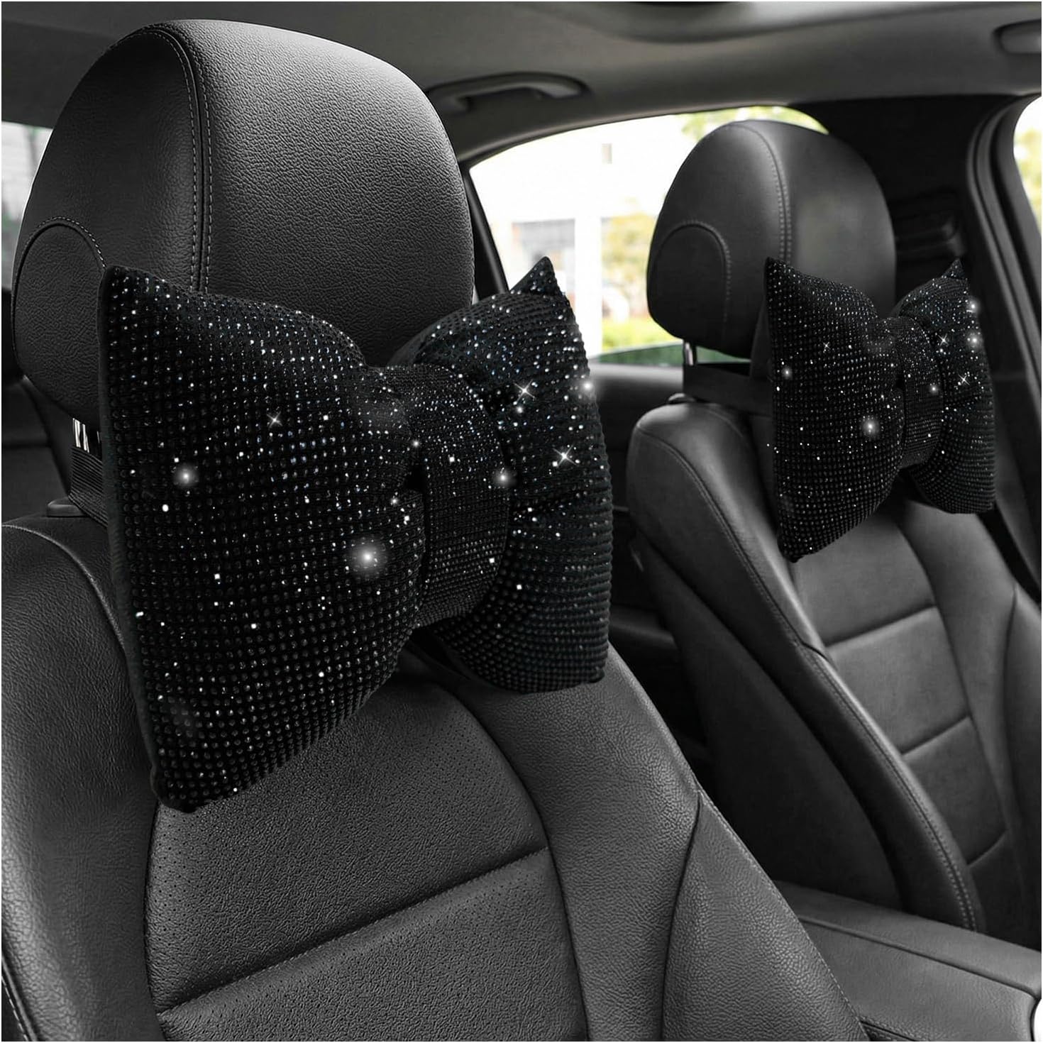 2 PCS Rhinestone Car Headrest Neck Pillow, Bling Bowknot Auto Head Rest Relax Cushion, Soft Sparkling Neck Support Pillows Interior Decor for Sedans Trucks SUVs, Car Accessories (Black)