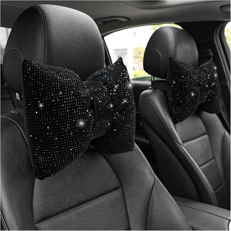 2 PCS Rhinestone Car Headrest Neck Pillow, Bling Bowknot Auto Head Rest Relax Cushion, Soft Sparkling Neck Support Pillows Interior Decor for Sedans Trucks SUVs, Car Accessories (Black)