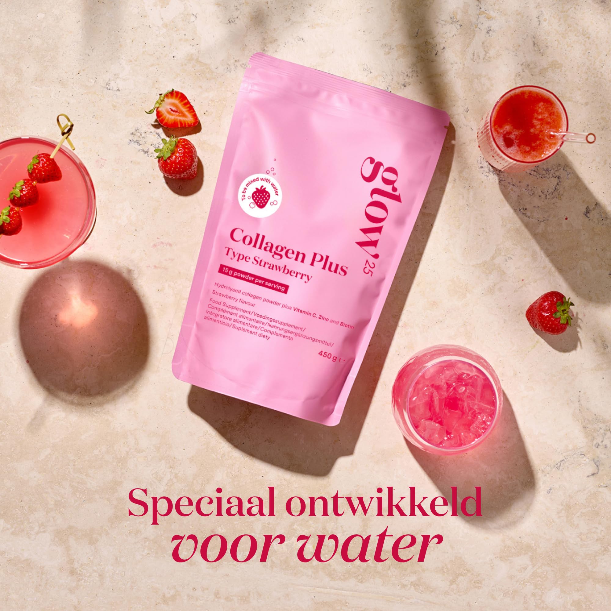 Glow25® Collagen Plus Typ Strawberry [3x450g] – Kollagen Hydrolysat mit Vitamin C, Zink und Biotin – Peptide Typ 1 und 3 – Speziell für Wasser entwickelt – Mit Erdbeer-Geschmack