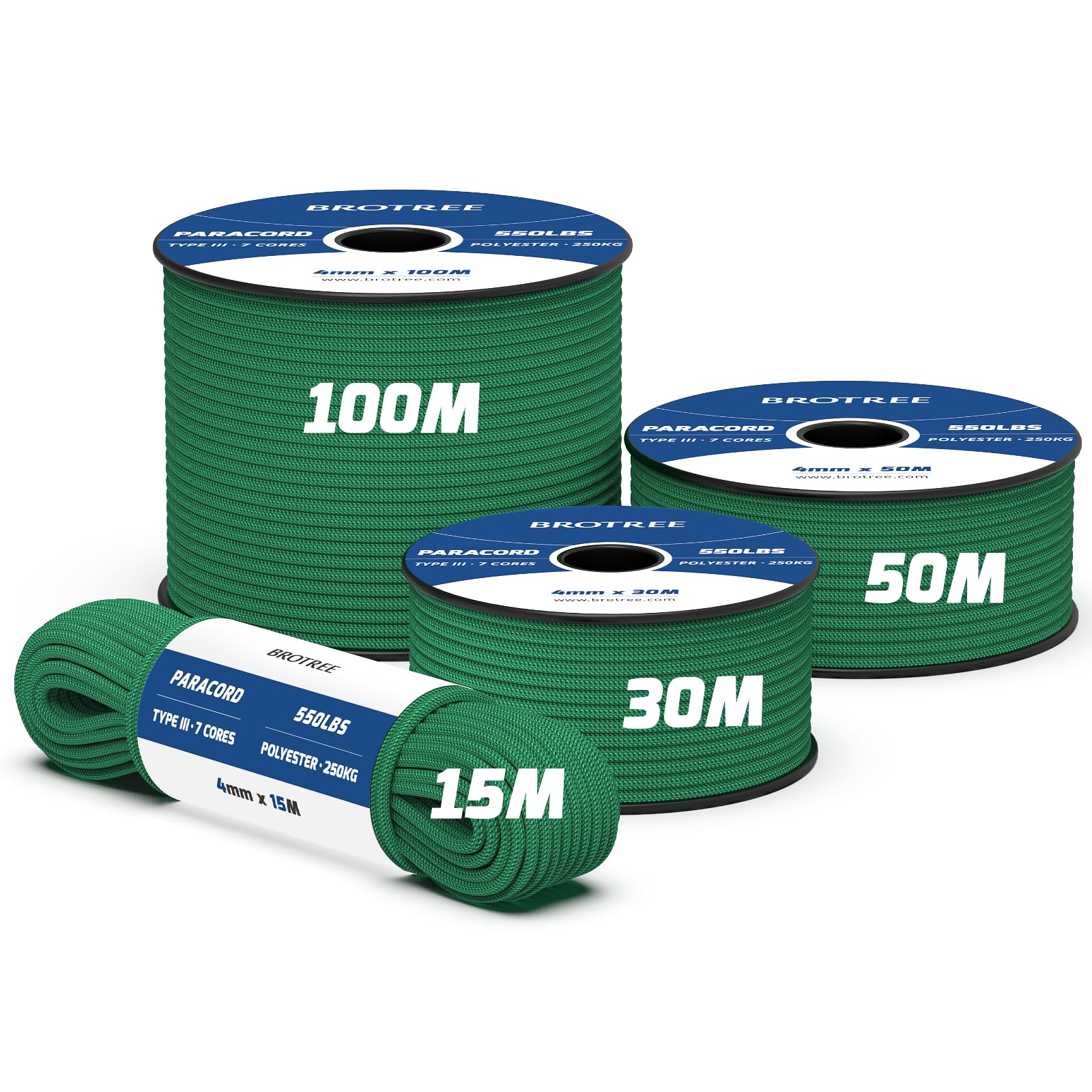 Brotree 550 Paracord 4mm 30m Rope Type III 7 Strands 100% Polyester Parachute Cord for Crafting, Camping, Outdoor, Survival - Kelly Green