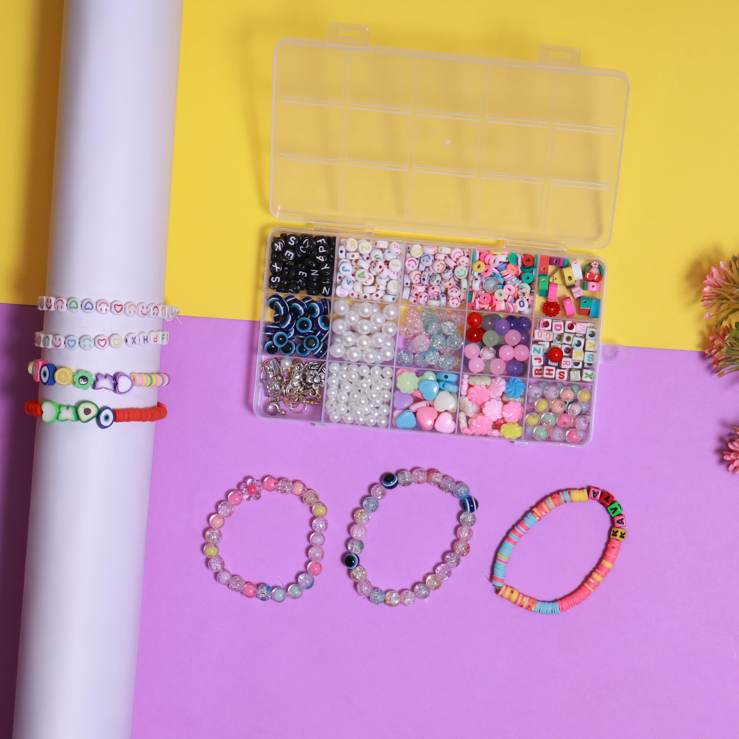 Ambitieux 15-Compartment Bracelet Making Kit for Girls & Kids – 400+ Beads Including Evil Eye, Pearl, Alphabet, Smileys, Hearts, Charms & Tools – DIY Jewelry Craft Set with Cutter, Elastic Thread & Gift Bag Birthday girls 2 3 4 5 6 7 8 9 years (All mix) - Image 3 thumbnail