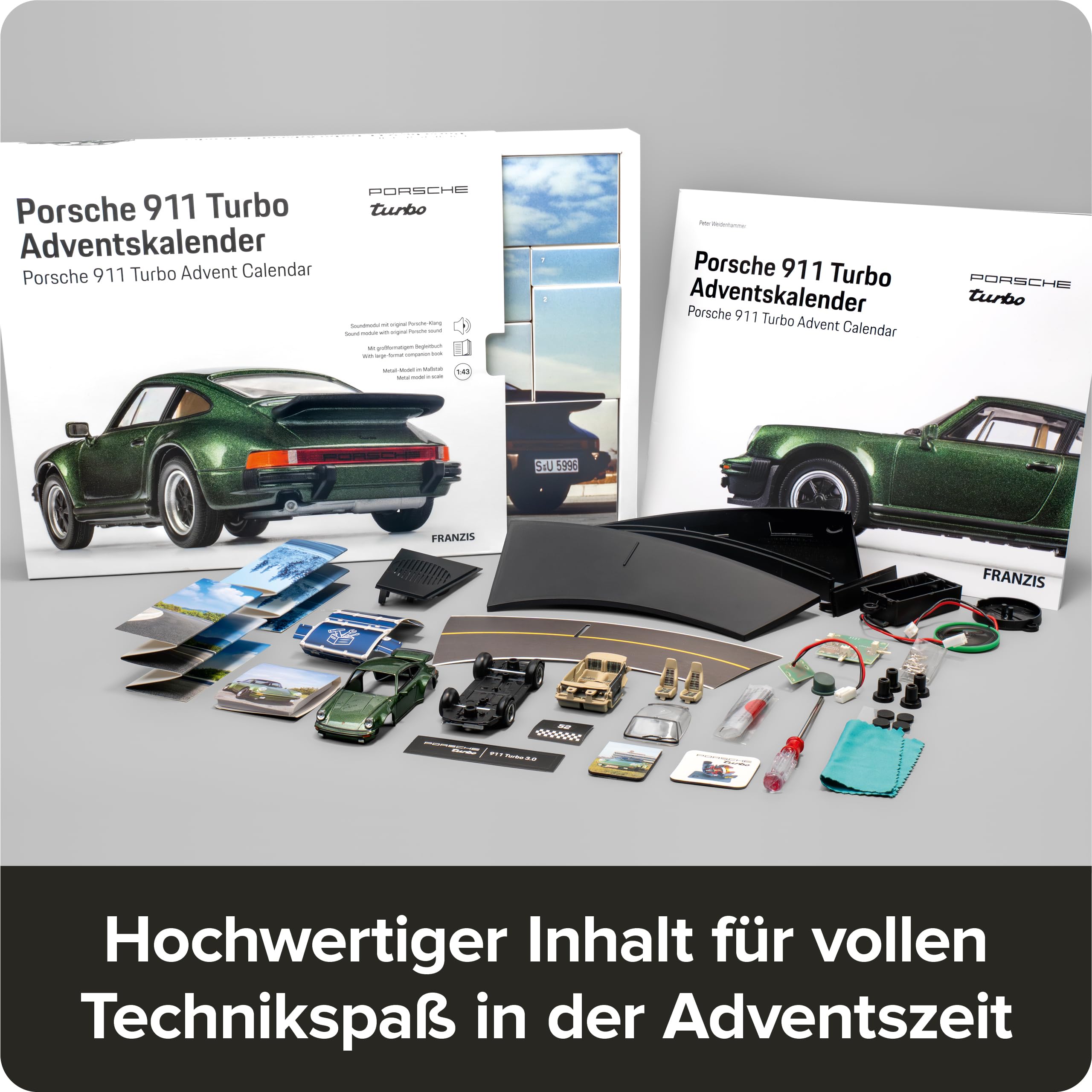 FRANZIS 67233 - Calendario dell'Avvento Porsche 911 Turbo, modello in scala 1:43, con modulo audio e libro di accompagnamento a 52 pagine