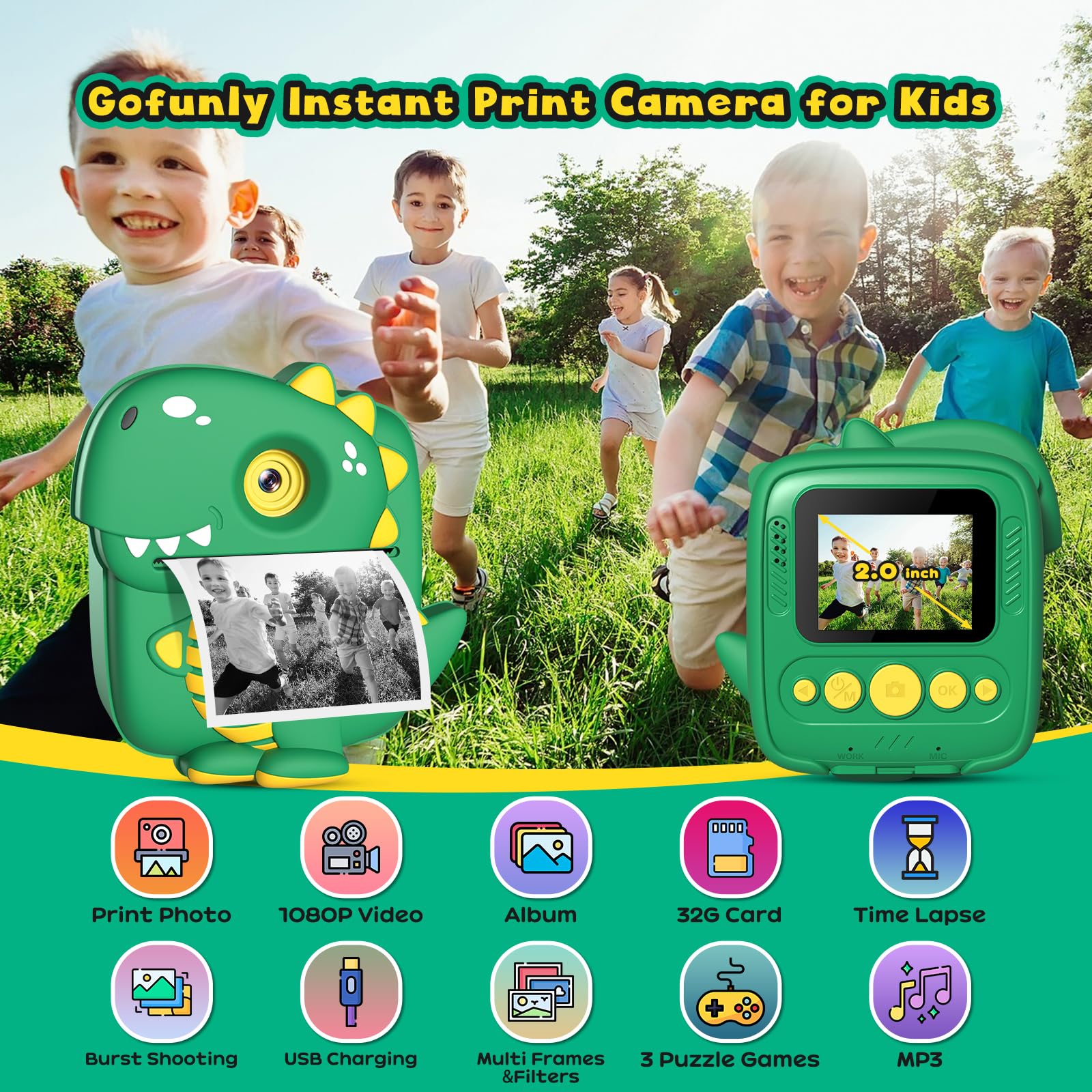 Gofunly Macchina Fotografica Bambini Istantanea, 1080P 2.0 Pollici Fotocamera Digitale Bambini con 32GB Scheda e Carta Fotografica, Regali di Natale Compleanno per 3 4 5 6 7 8 9 10 Ragazze Ragazzida