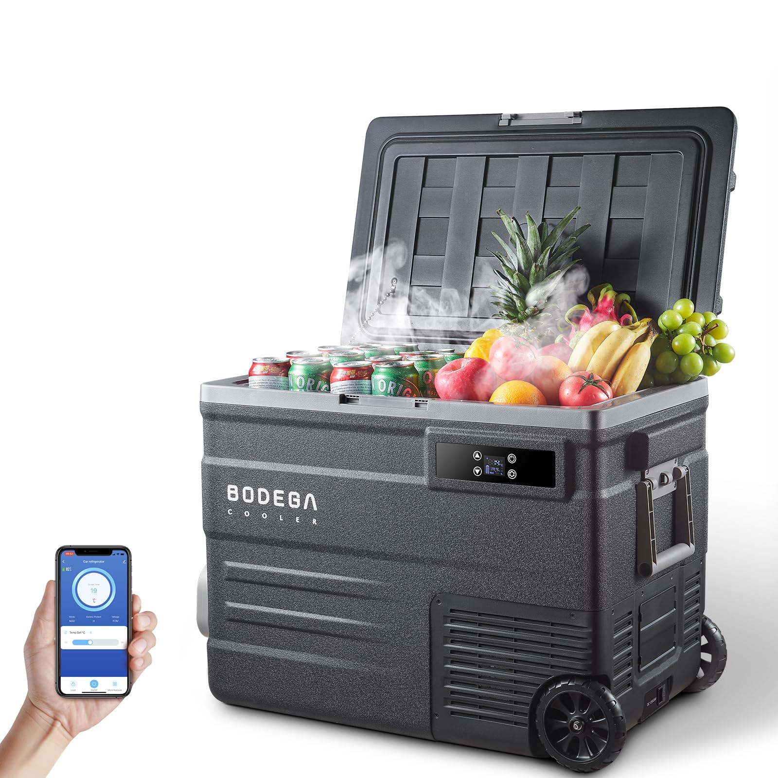 BODEGACOOLER 12 Volt Car Refrigerator,58QT(55L) Car Fridge with Wheels,RV Portable Freezer Single Zone,WiFi APP Control,-4℉-68℉ Car Cooler,12/24V DC & 100-240V AC,for Travel,Camping,Outdoor,Vehicles