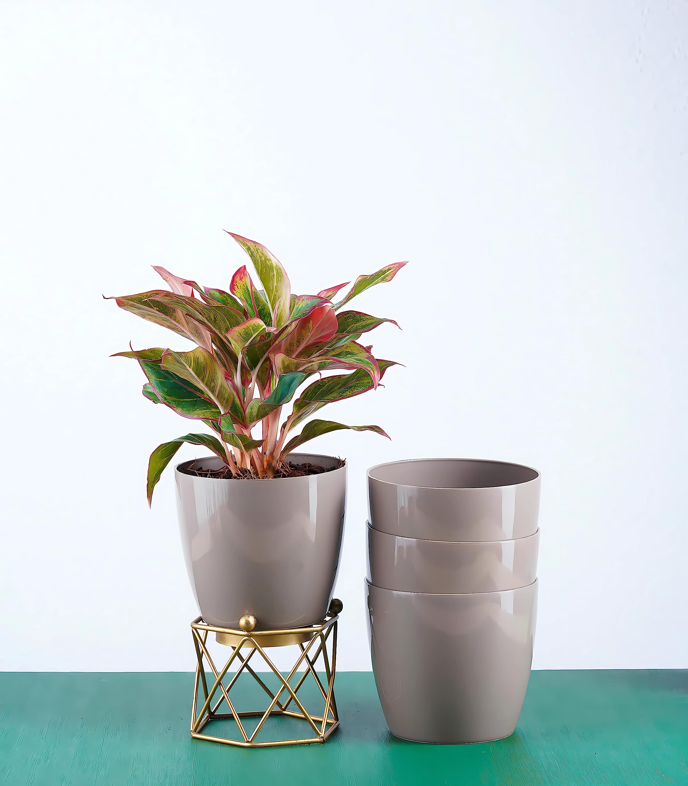 DWYNIX Round Glossy Brown Plastic Fiber Planters, Modern Plant Pot for Home & Garden Makeover, 5" Height X 5.5" Diameter, Plant & Wooden Stand Not Included, Without Drainage, Pack of 4, Brown (B0CC5WC7FS) Amazon Price History, Amazon Price Tracker