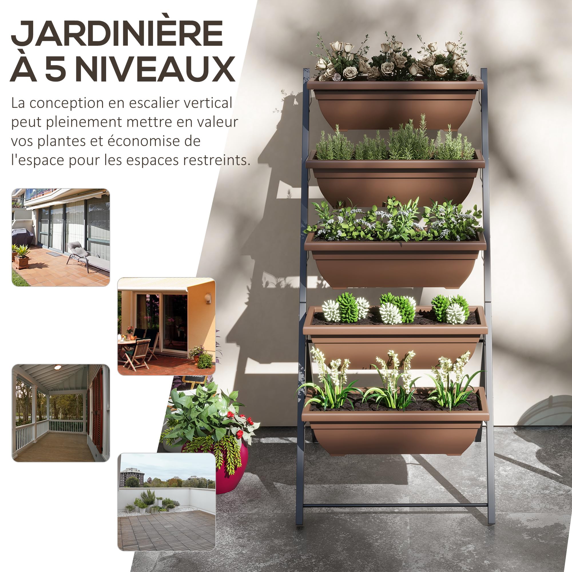 Outsunny Jardinière Surélevée avec Étages Verticale Cadre en Acier Marron | 5 Bacs à Fleurs, Trous de Drainage avec Bouchons en Caoutchouc, Escalier pour Plantes, Légumes, Herbes