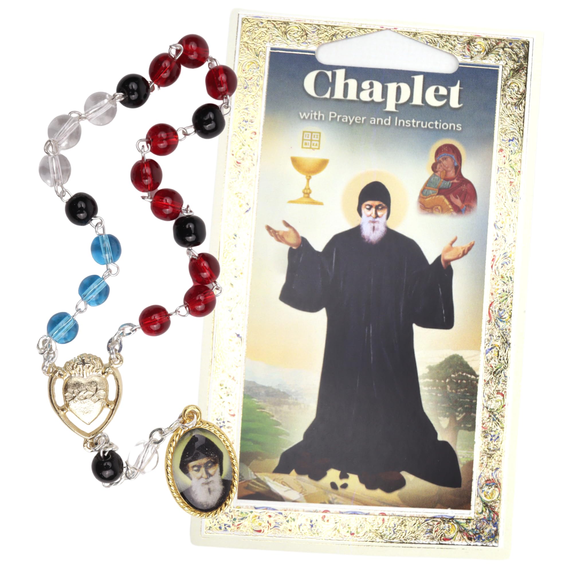 Needzo St. Charbel Chaplet and Prayer Card, Patron Saint of Good Health, Catholic Devotional Gifts, 8 Inches, One Size, Glass, No Gemstone