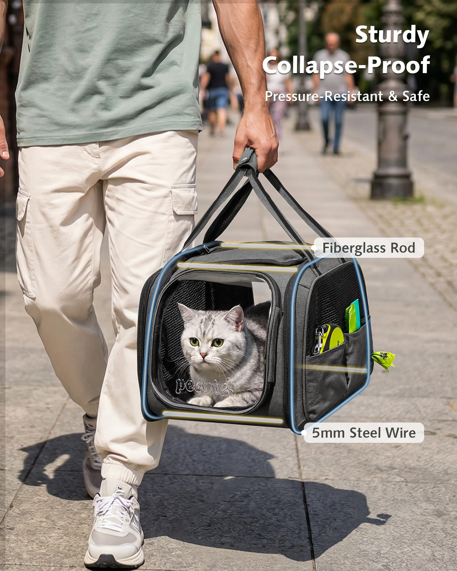 pecute Transportín Gato Grande, Coche Cero Ansiedad | Bolsa de Transporte Estructura de Acero Antideformación de 5mm, Persiana Enrollable de Privacidad, Ventana de Burbuja, Talla M, Gris