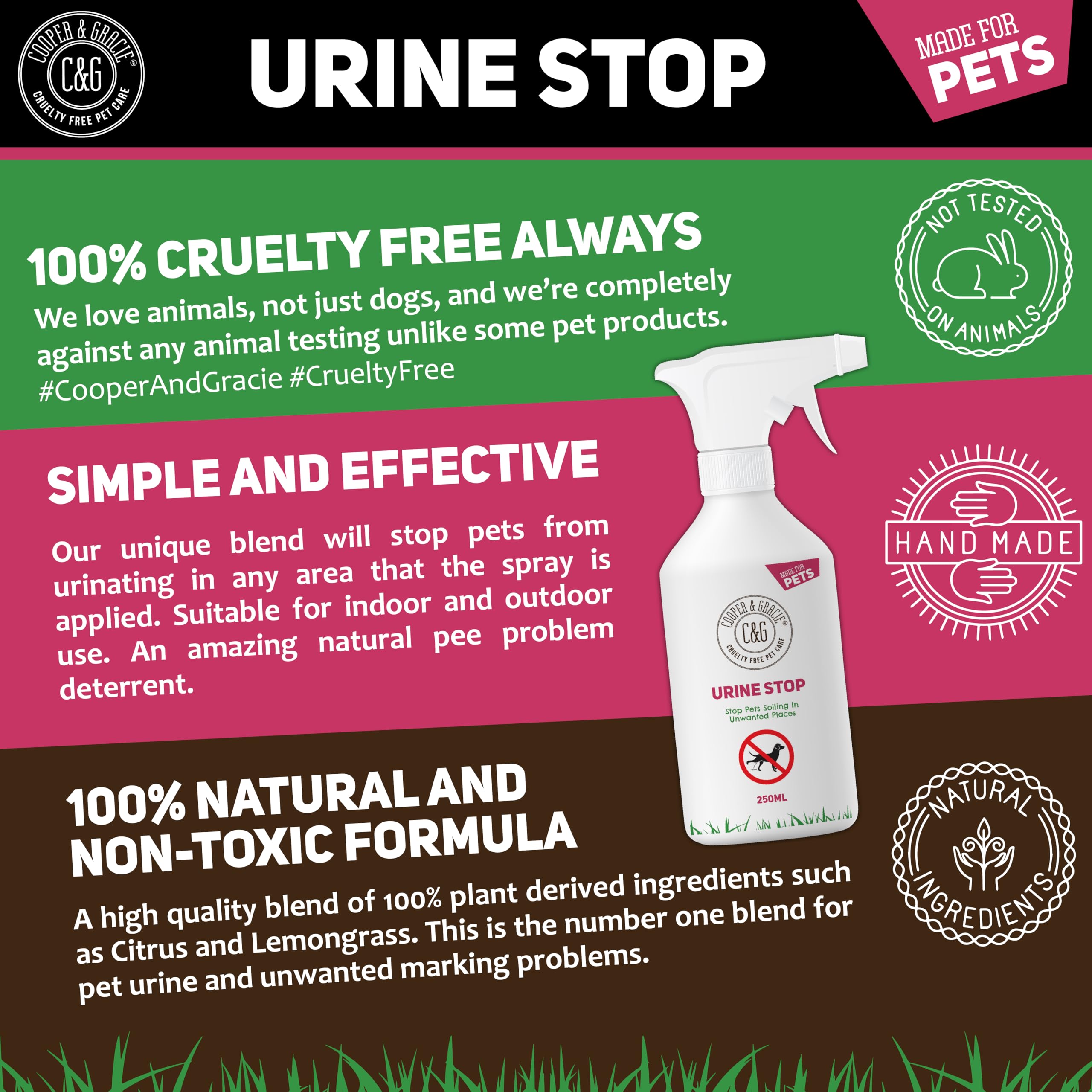 C&G Pets Urine Stop Spray per cani e gatti – Formula a tripla azione – blocca la ripetizione di segni all'interno e all'esterno – Ingredienti naturali, prodotto nel Regno Unito – sicuro per famiglie e