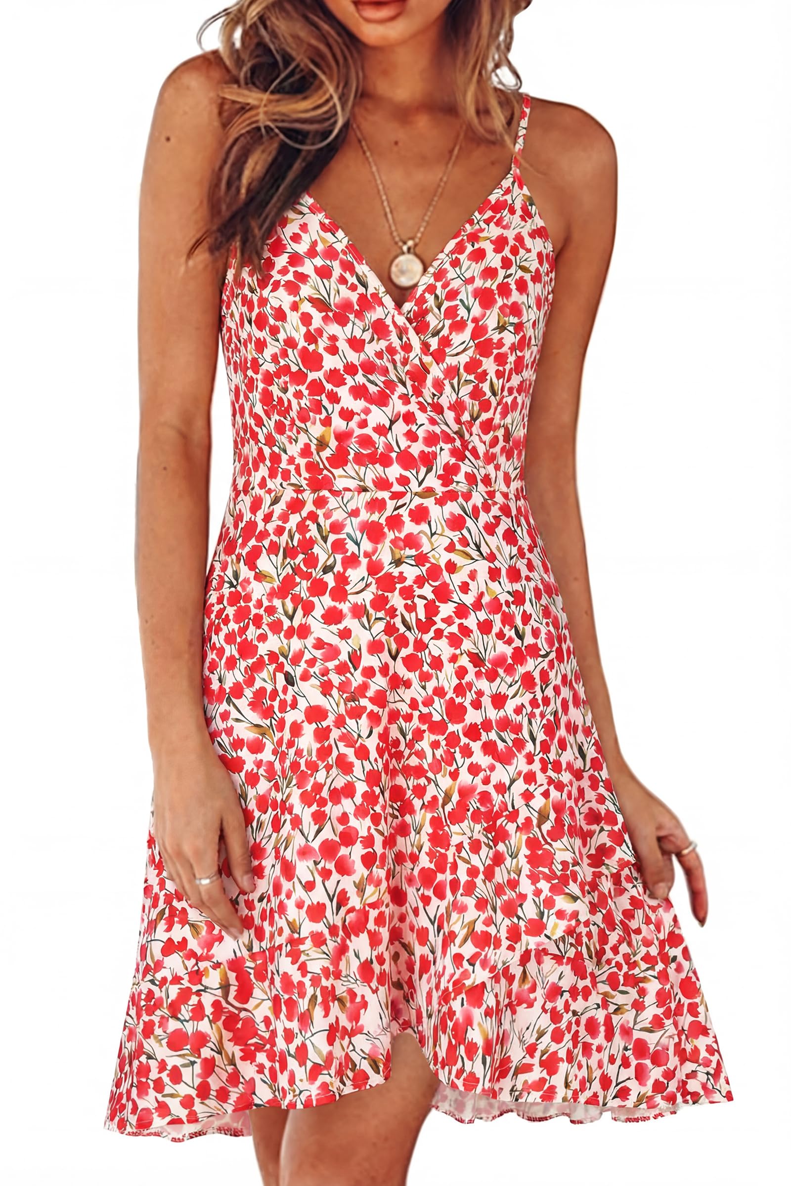 ULTRANICE Womens Summer Dresses Floral V Neck Ruffled Hem Spaghetti Spring Casual Beach Outfits Flowy Wrap Sun Dress