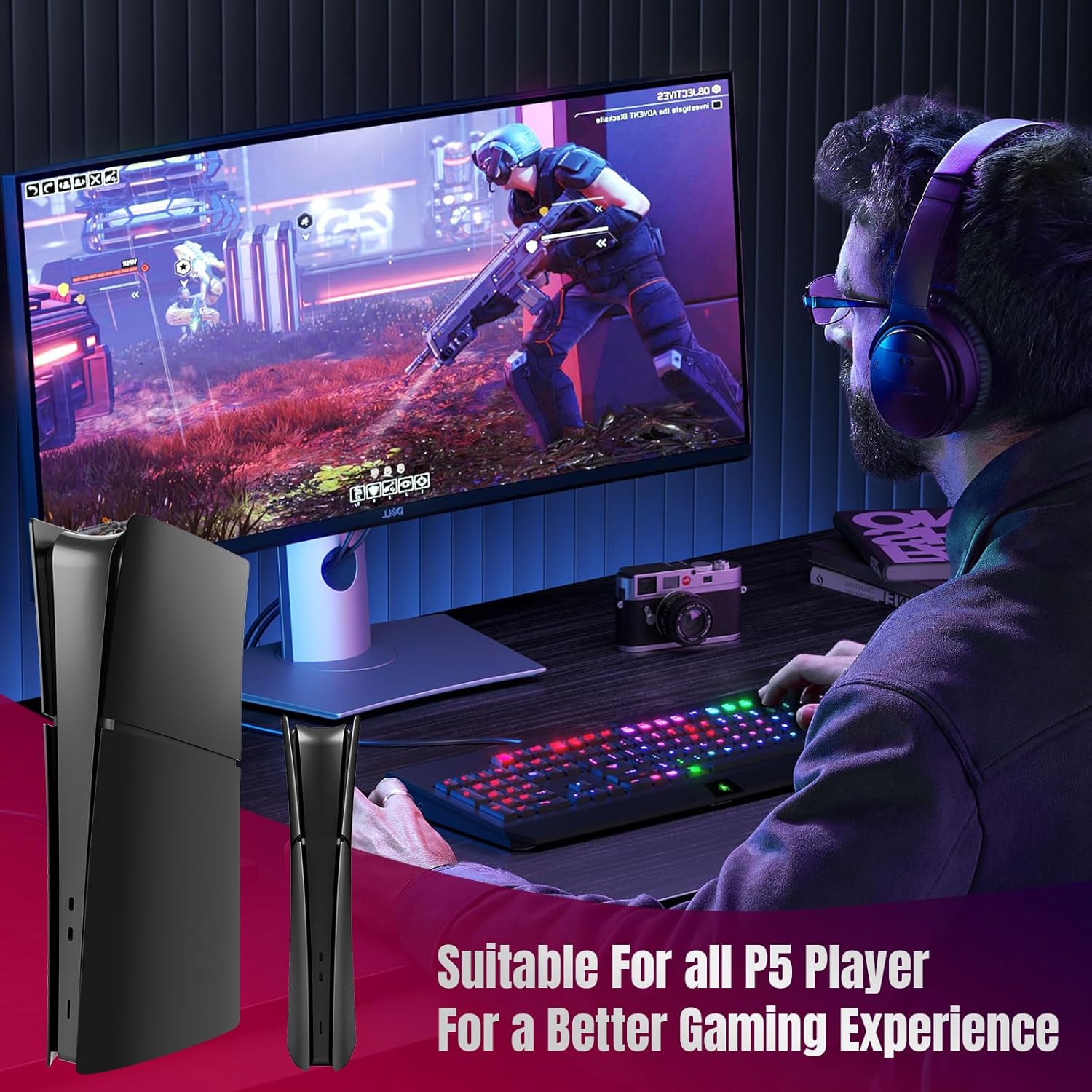 PEYANZ Faceplate Cover Compatible with PlayStation 5 Slim (Digital Edition) - Protective ABS Shell, Scratch-Resistant Matte Surface, Includes 2 Silicone Covers