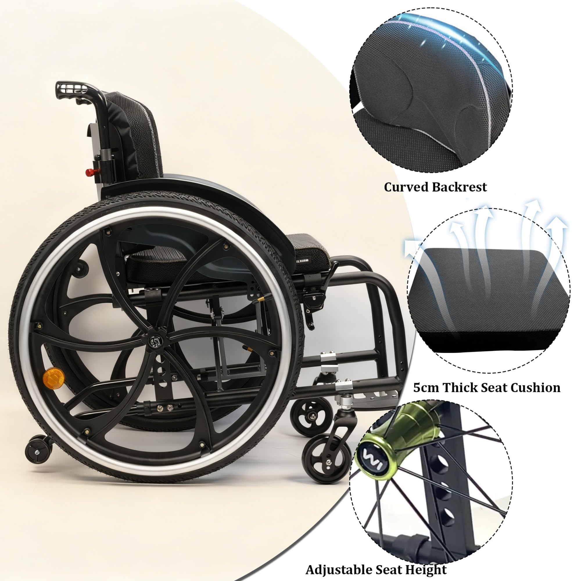 Lekki składany wózek inwalidzki, outdoorowy fotel sportowy ze stopu aluminium, samobieżny, z hamulcami ręcznymi i kółkami zapobiegającymi przewróceniu, tylko 12,5 kg (srebrny, 43 cm)