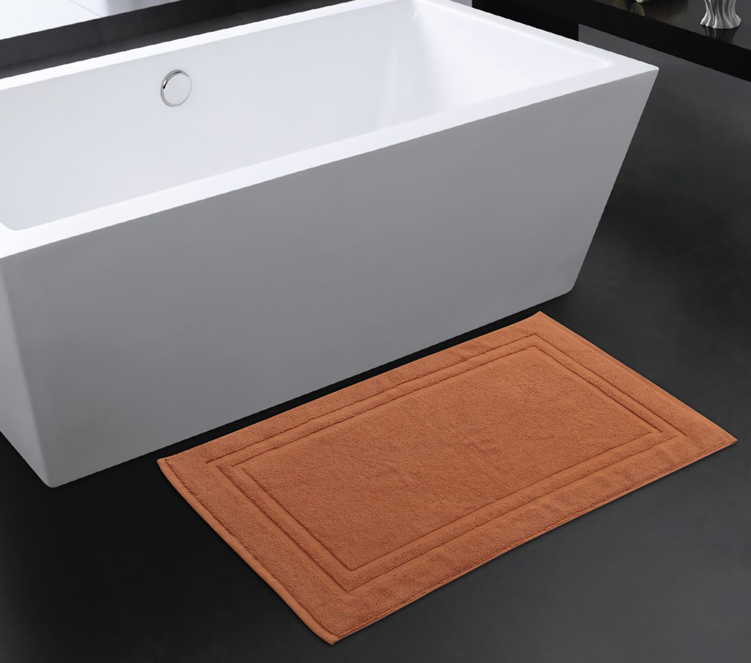 La Maison 100% Cotton Super Soft and Absorbent Bath Mat Shower Mat 50cms x 80cms Hotel Frame Stripe Border (Burnt Orange)