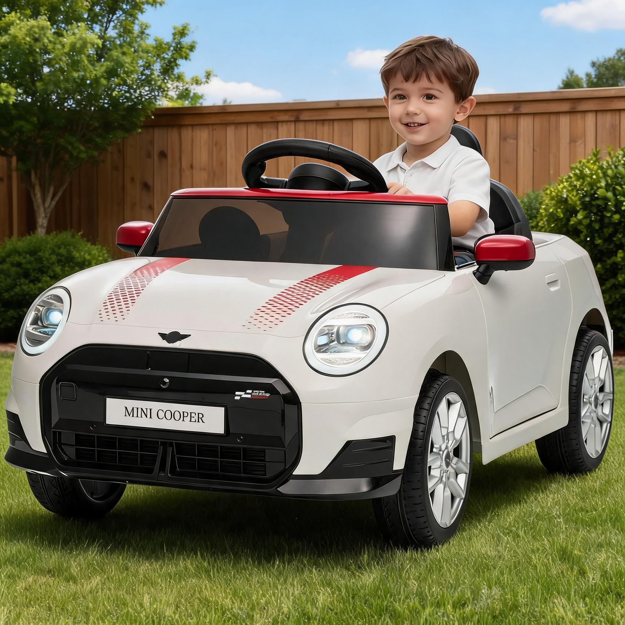 Luxury Car MINI Licensed 12V Kids Electric Ride-On Car – Parental Remote, LED Lights, Music, Horn, Gentle Start, 3km/h – Battery Vehicle for Boys & Girls Ages 3-6 – White