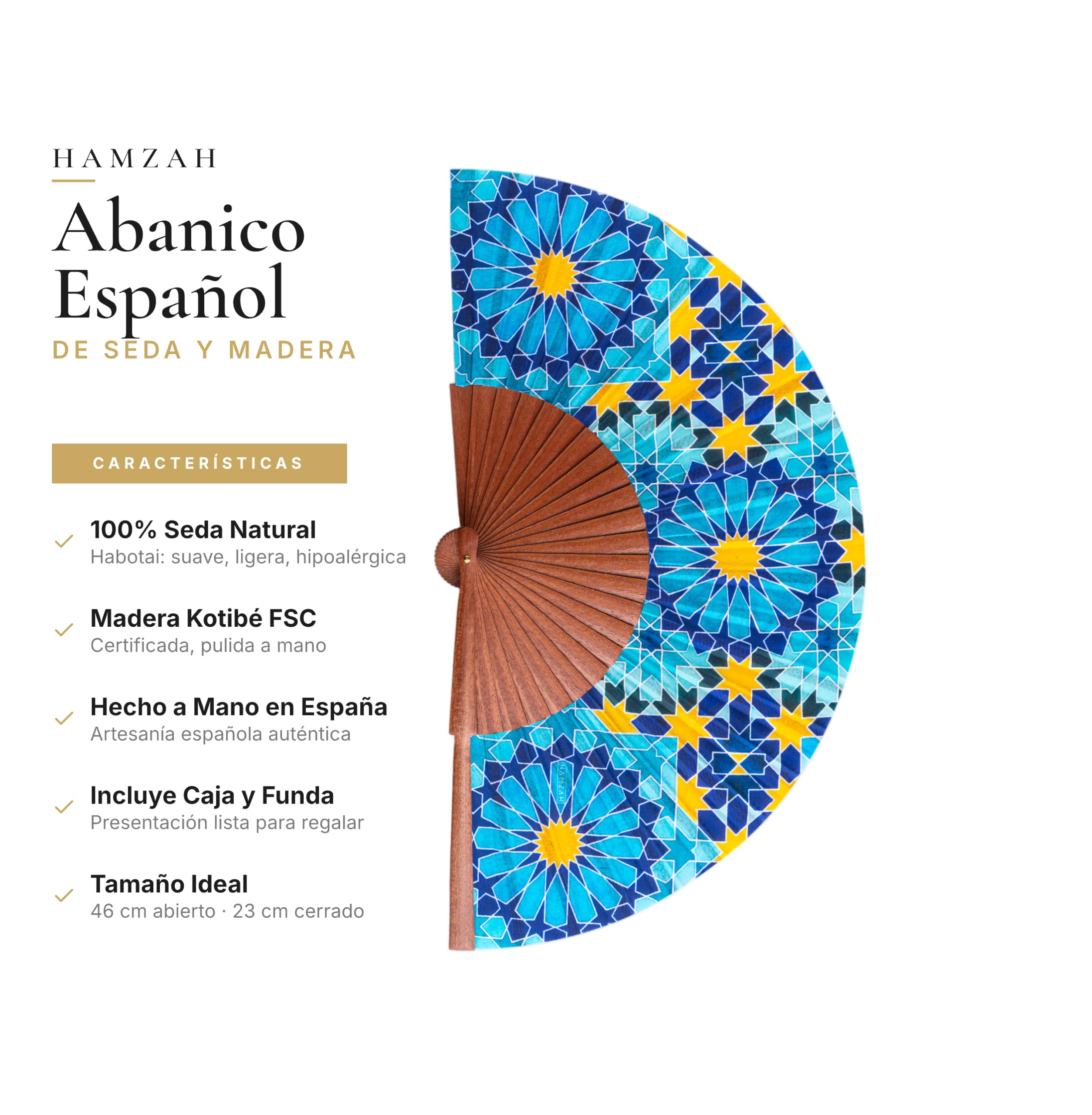 Fächer handgefertigt in Spanien | Naturseide und Kotibé Holz | Original andalusischer Farbdruck | Samtbezug | originelles und handwerkliches Geschenk | Mosaik-Kollektion