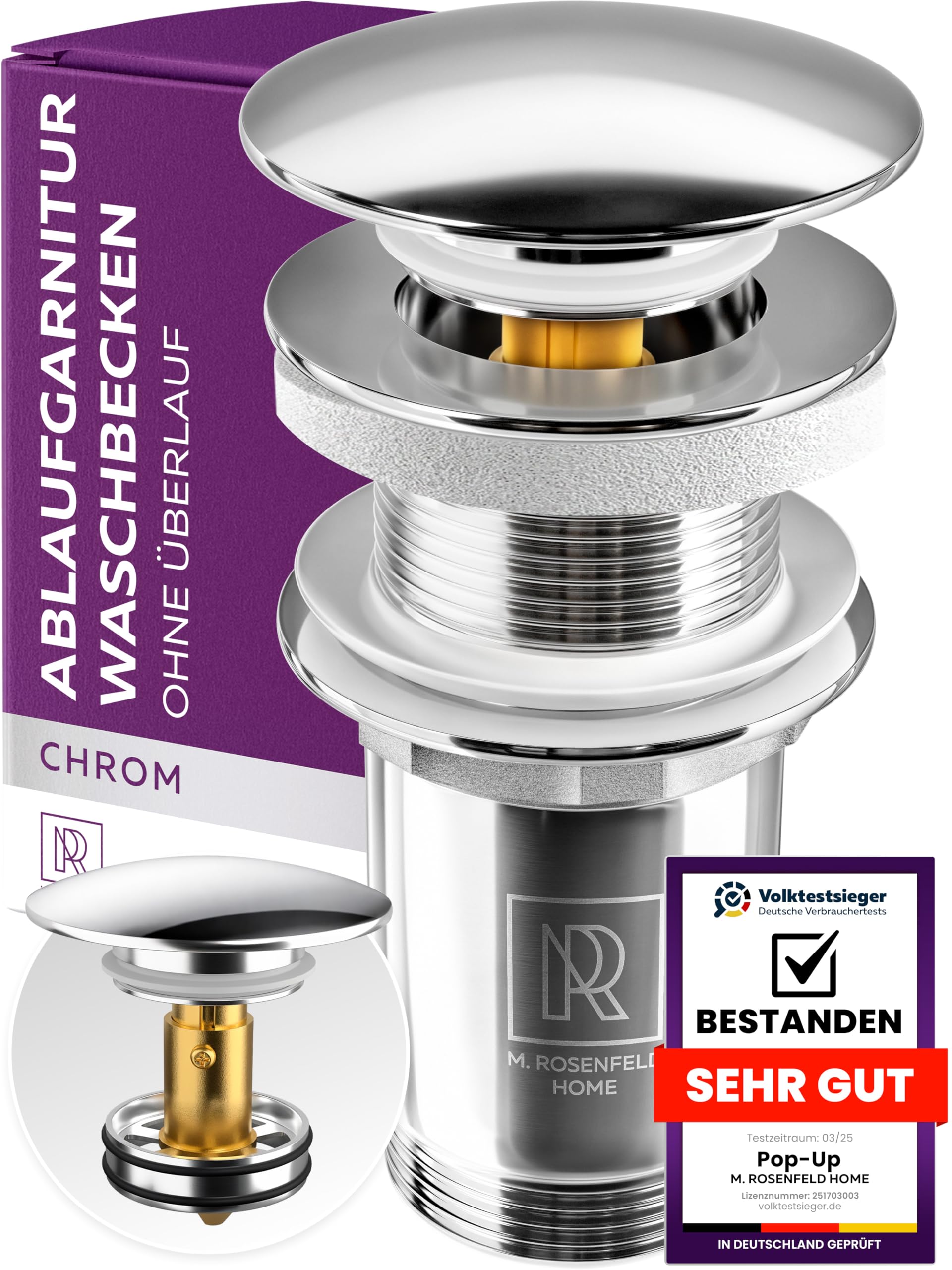 M. ROSENFELD HOME Ablaufgarnitur Waschbecken 1 1/4" – Push Open Pop Up Ablaufventil für Waschtisch, Waschbeckenablauf & Abflussgarnitur mit & ohne Überlauf, Waschbecken Zubehör