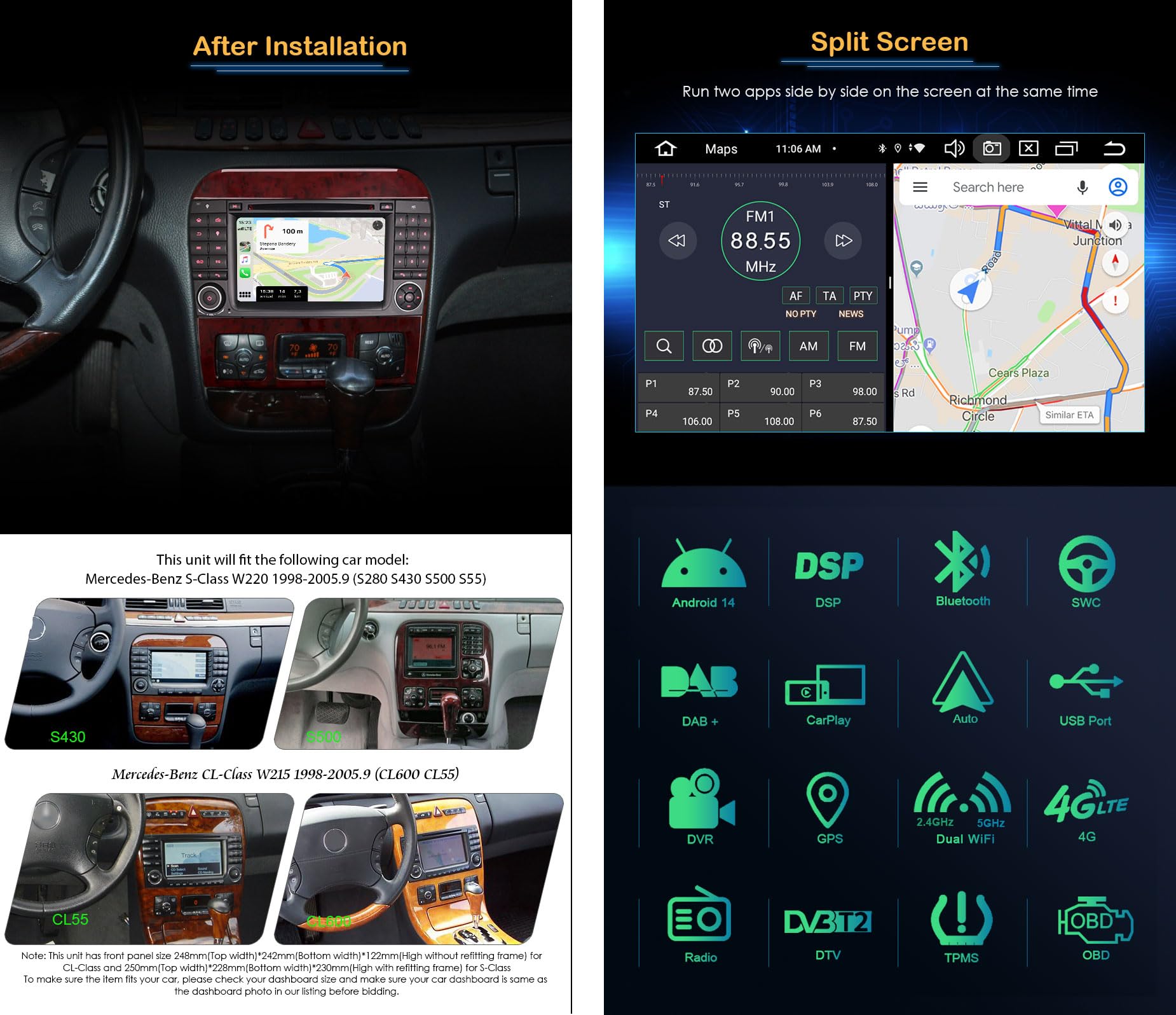 8 Core 4GB 64GB Android 14 Autoradio per Mercedes Benz Classe S W220 Classe CL W215 GPS Navigatore Carplay Android Auto DSP Bluetooth 5.0 A2DP Radio WiFi DAB+IPS Schermo tattile Canbus