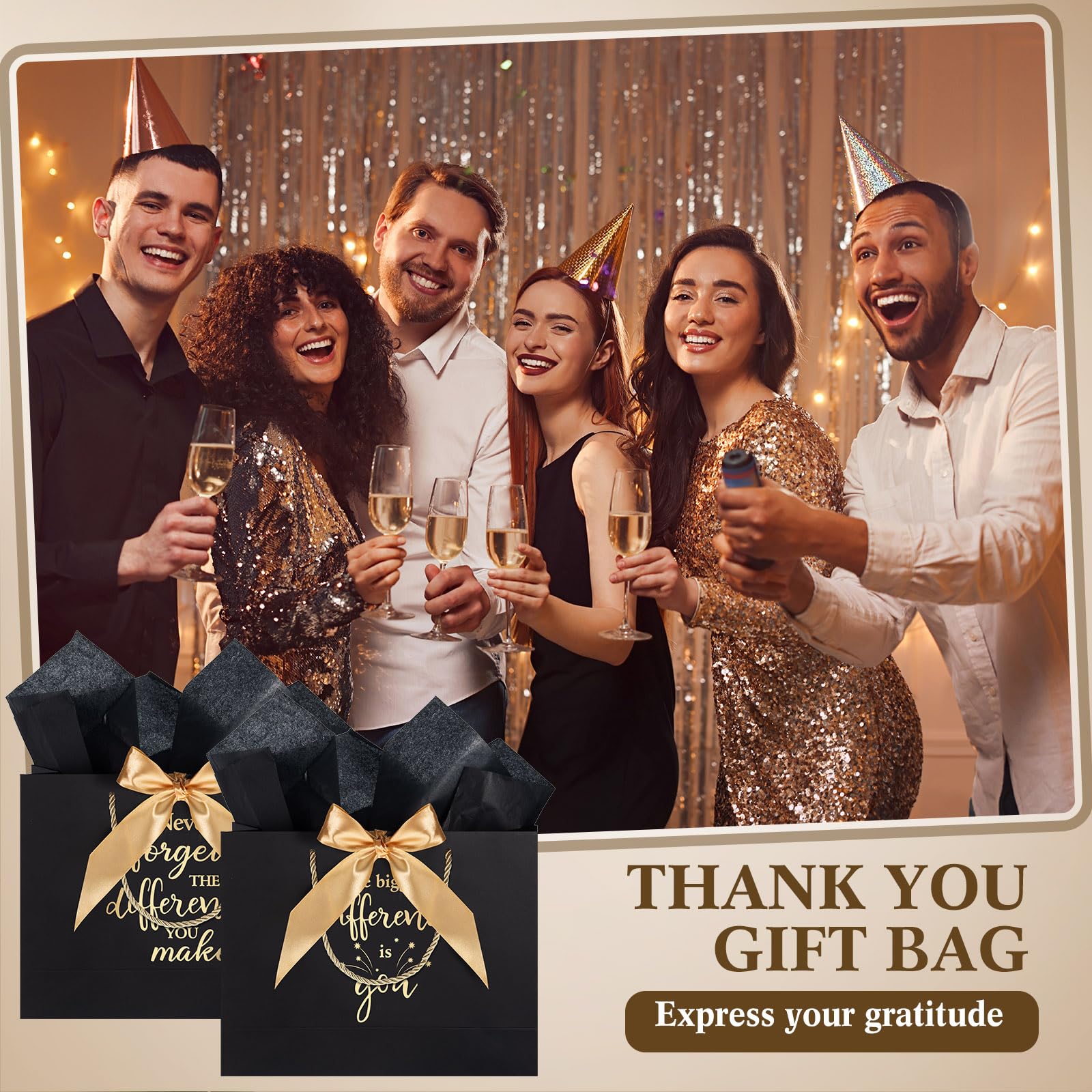 Kolldenn 12 Pcs Large Thank You Gift Bags with Handles Tissue Papers Bows 12.6 x 9.84 x 4.3 Inches Appreciation Bags for Teacher Volunteer Employee Coworker(Black)
