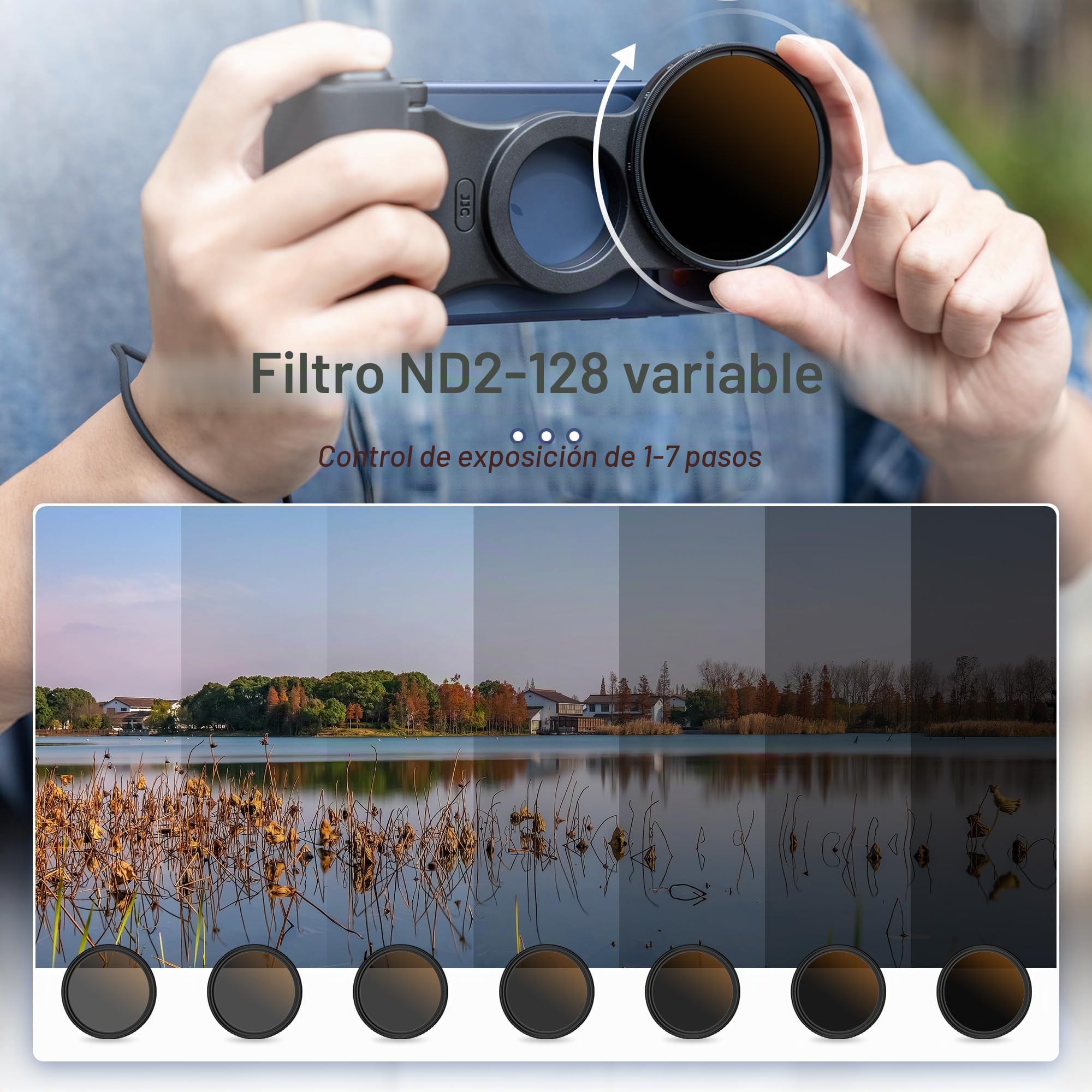 JJC Filtro ND Variable para teléfono ND2-128 (7 Paradas), Adaptador de Filtro magnético, Handgirp, Kit 3 en 1 para iPhone 17 Pro Max/16 Pro Max/15 Pro Max/14 Pro MAX, filtros de Densidad Neutra con