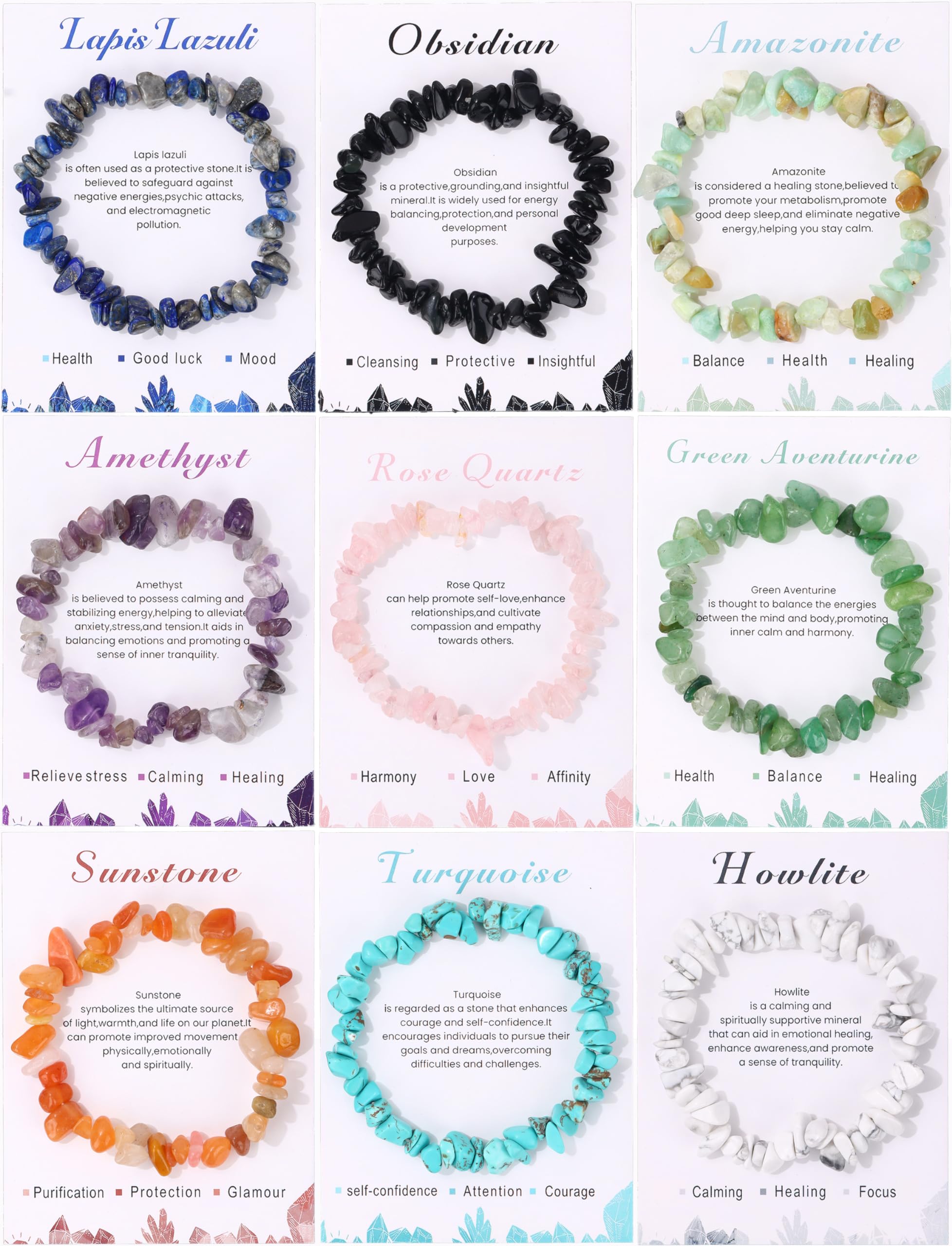 SONNYX 9PCS Crystals Chip Bracelets Set for Women Natural Gemstone Bracelets Colorful Gravel Bead Bracelets Irregular Chips Beads Bracelet Reiki