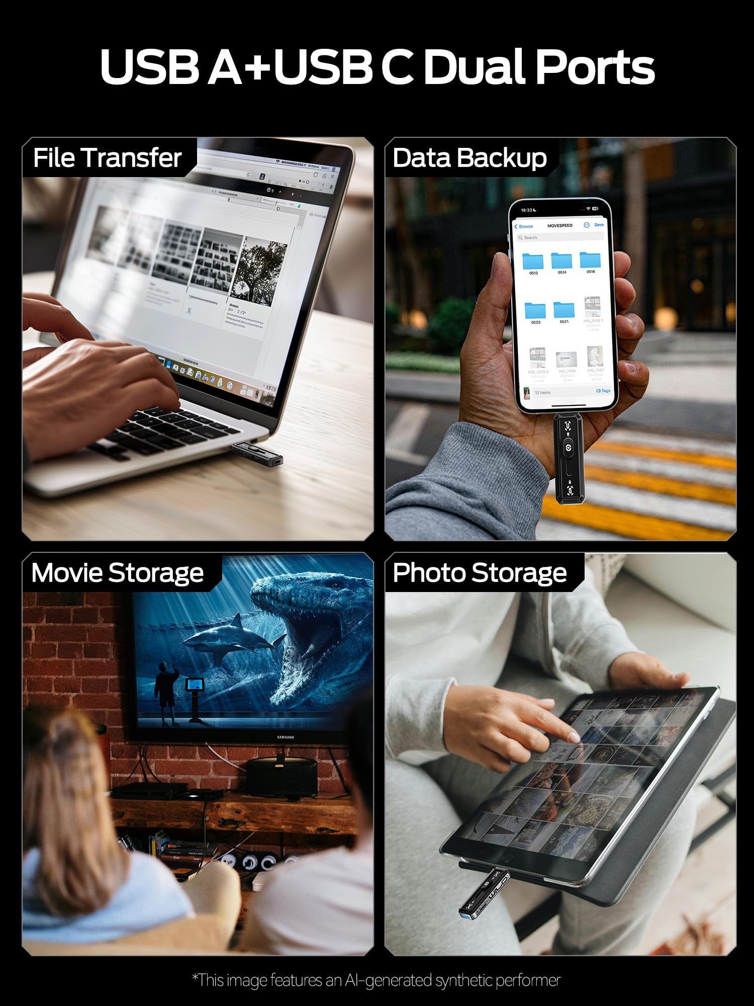 MOVE SPEED SSD esterno da 128 GB, velocità di lettura 520 MB/s, USB 3.2 + USB C Dual Ports, SSD portatile, design push-pull a 3 stadi per iPhone serie 15/16/Mac/telefoni Android, ecc