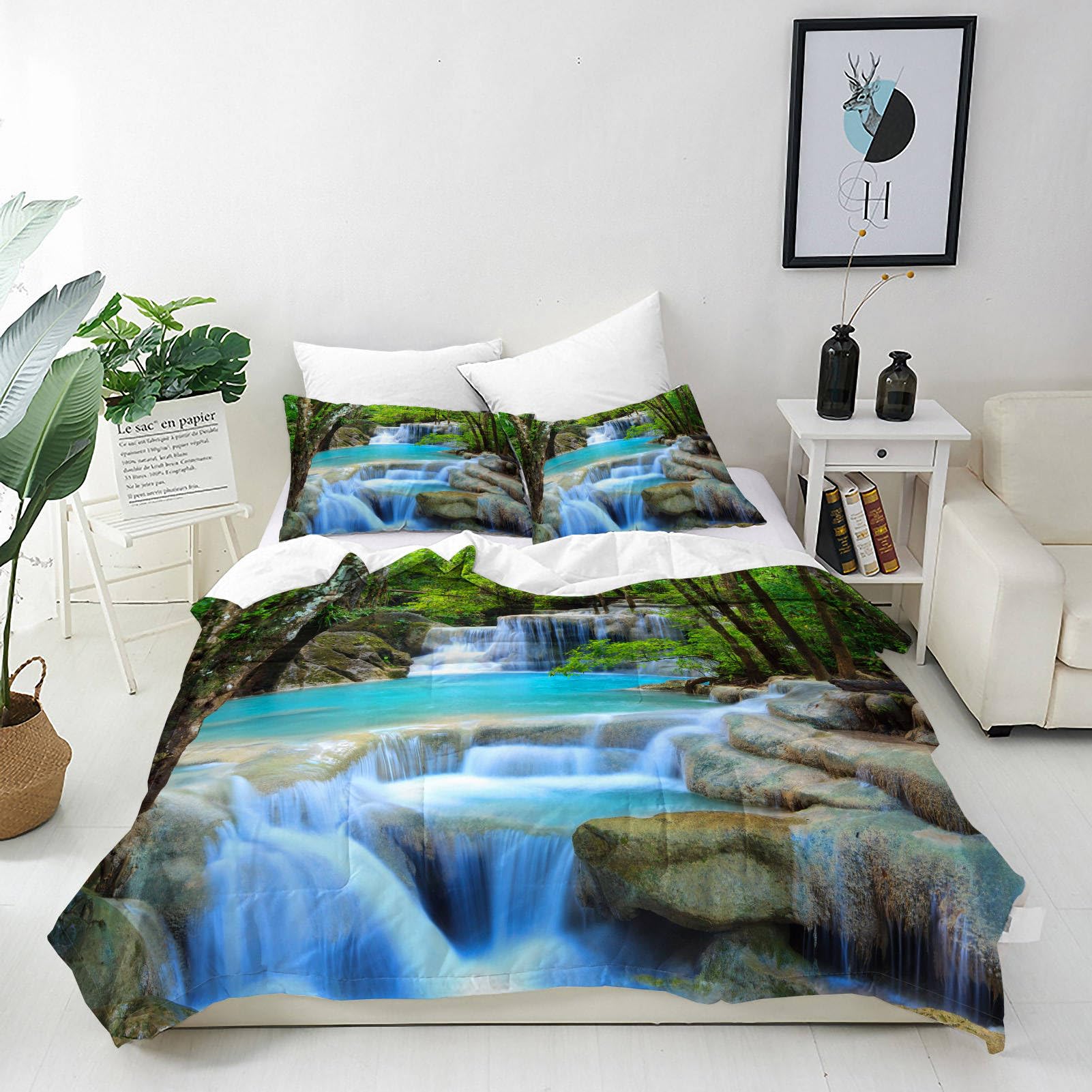ANHOPE Waterfall Duvet Cover Set Soft Lightweight 3 Piece Bedding Set with 2 Pillowcases Nature Forest Waterfall Creek Print Pattern All Season Quilt Cover with Zipper Closure Double โ image 1