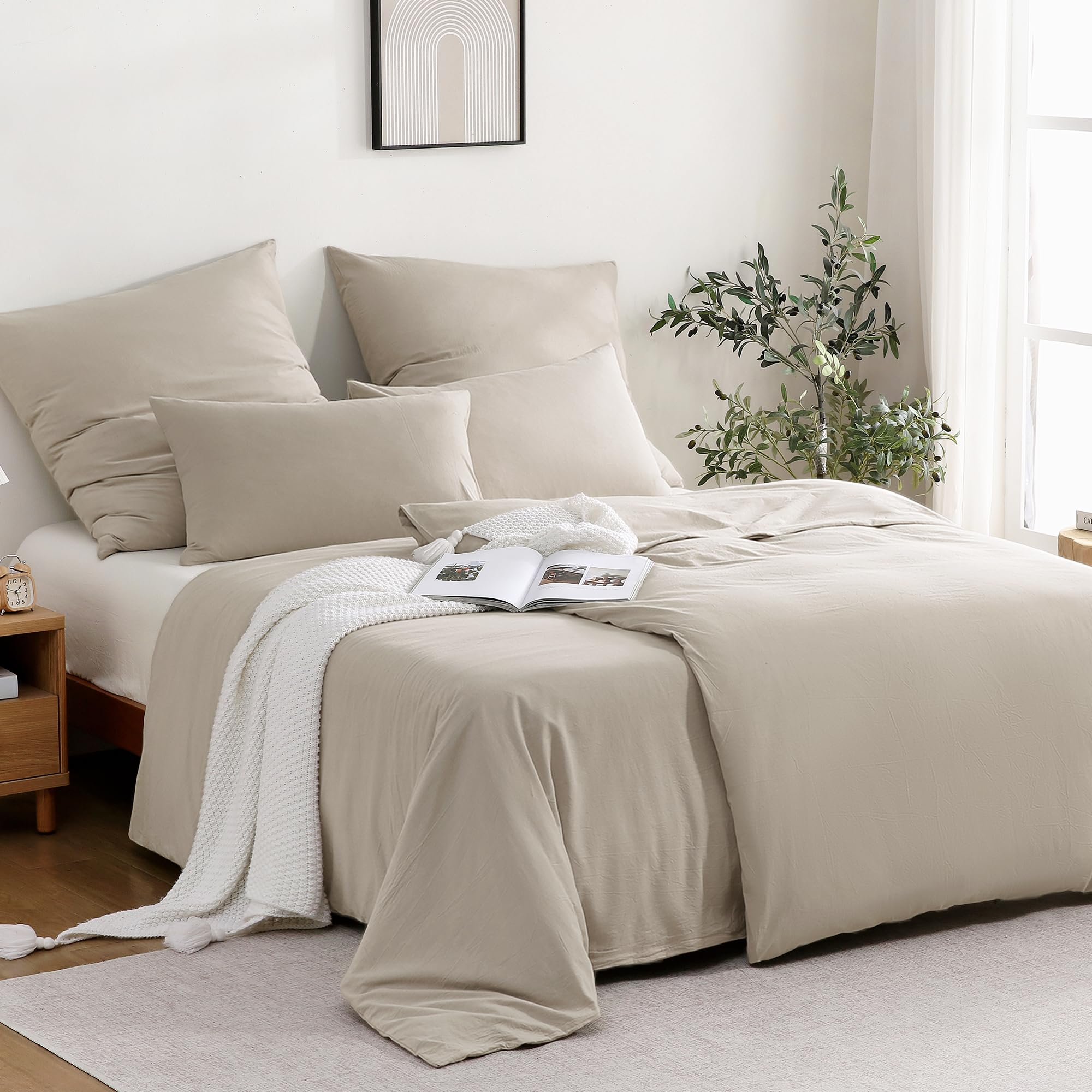 ATsense Bettwäsche 135x200 Baumwolle 4teilig, Stonewashed Bettwäsche-Sets Beige Ähnlich wie Leinen, Oeko-TEX, Hypoallergen und Atmungsaktiv, 2 Bettbezug und 2 Kissenbezug 80x80