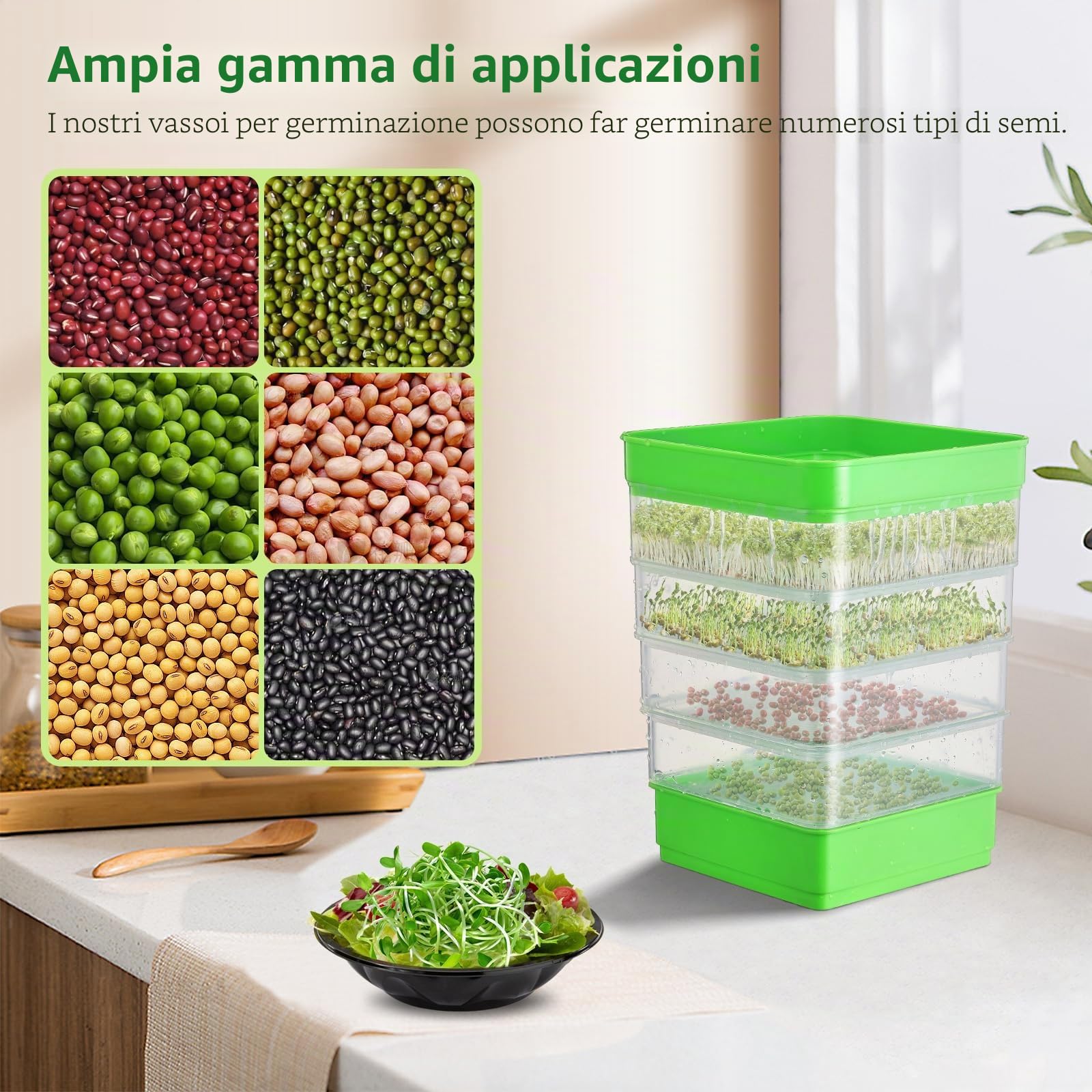 WYWY Kit di germinazione di fagioli a 4 piani, vassoi da coltivazione impilabili per microrganismi verdi
