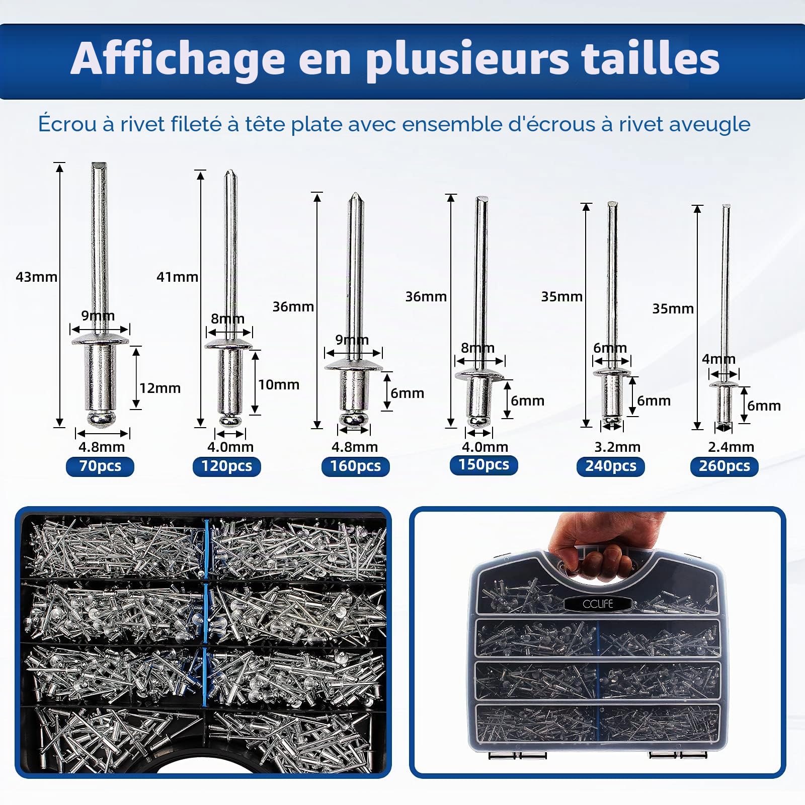 CCLIFE 1000 Pièces Boite de rivet pop，Rivets aveugles aluminium Ø2.4mm-3.2mm-4mm-4.8mm