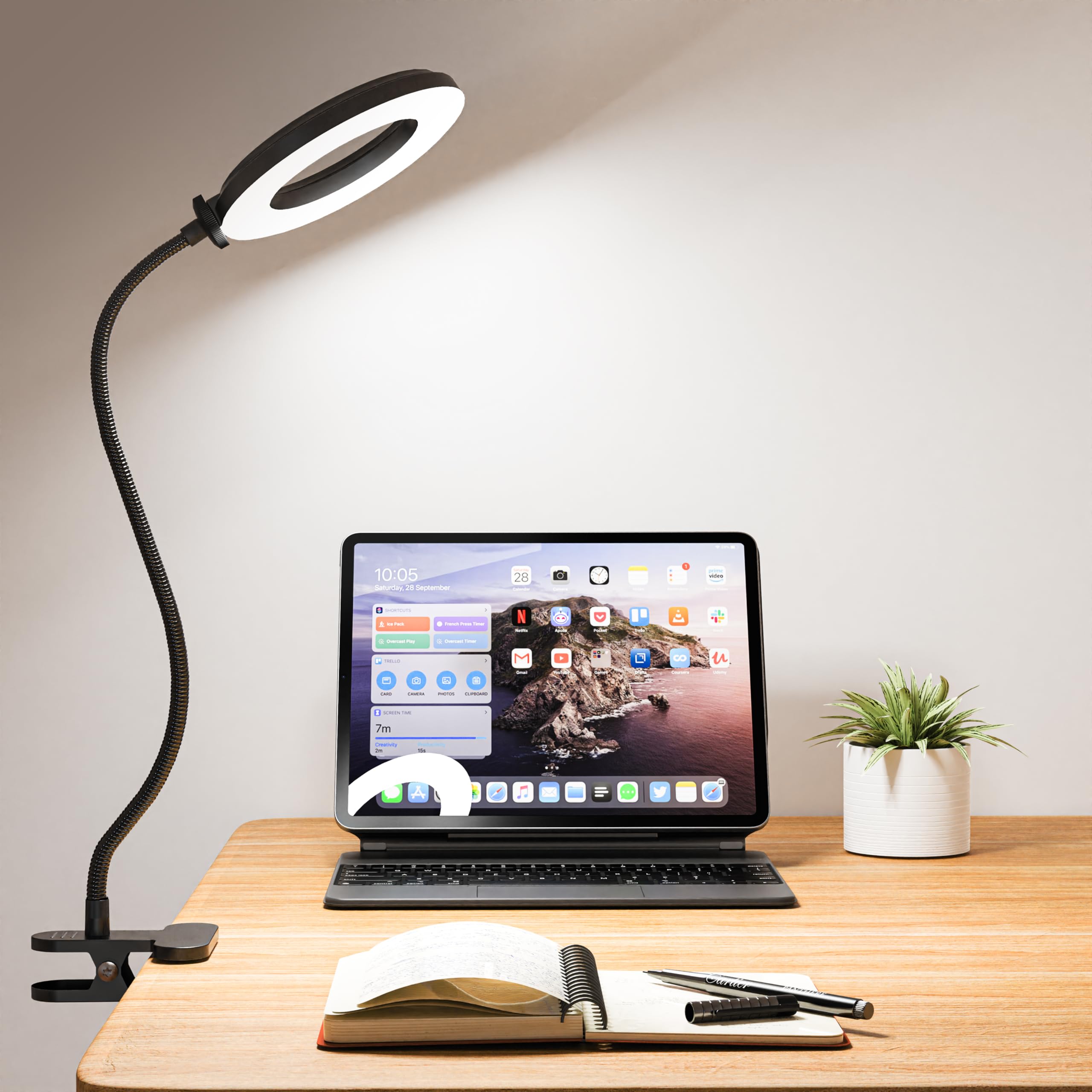Lampe de bureau à clipser, rose, plastique, 3 modes de couleur et 10 niveaux de luminosité, col de cygne flexible, port USB, pour la lecture, la couture, les travaux manuels
