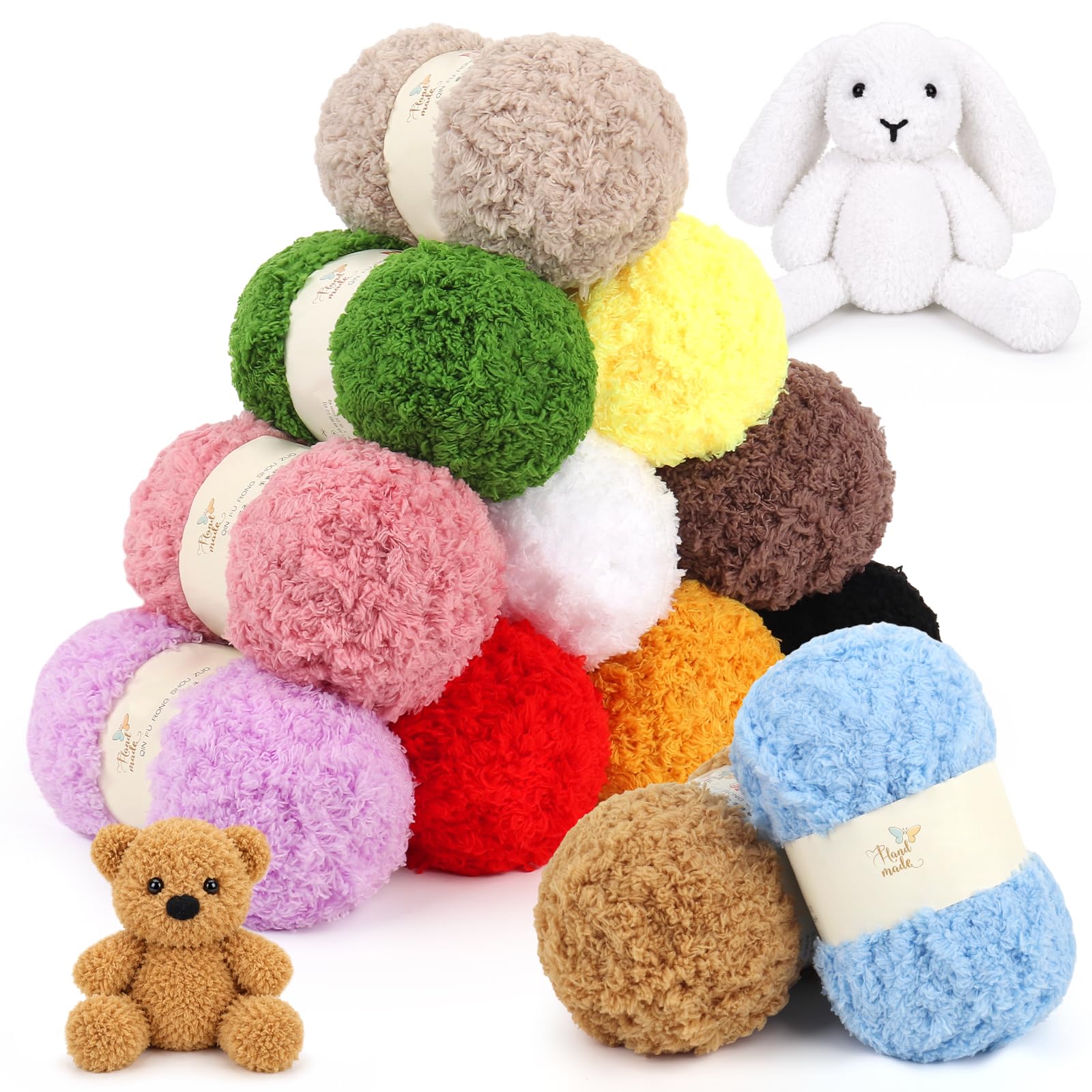 Reessy Fluffy Yarn 600g(12x50g), 12 Colors Fluffy Wool for Knitting and Crocheting, Super Soft Knitting Wool, Flutterby Chunky Yarn for Stuffed Animals, Amigurumi, Baby Blanket, Sweater