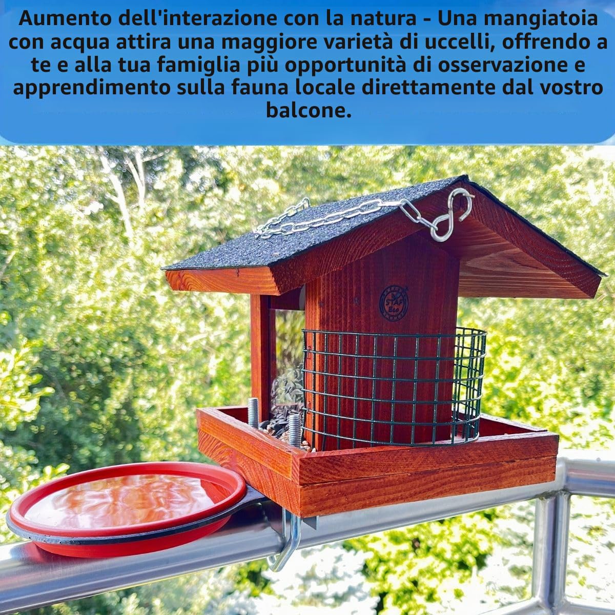 Casetta per uccelli per balcone, tazza per uccelli selvatici per ringhiera del balcone, resistente alle intemperie, manufatto a mano, per uccelli da giardino, supporto per balcone con una