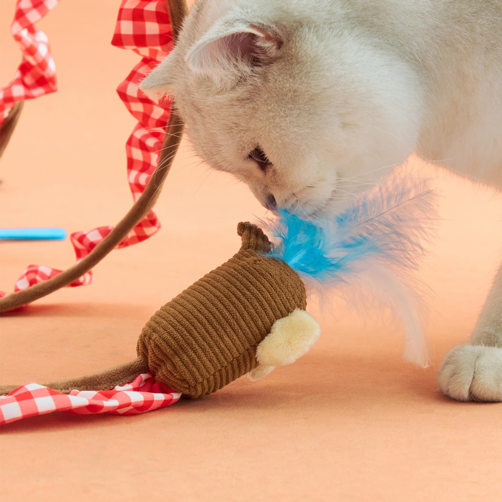 ZEZE Monica Tunnel à ressort pour chat avec herbe à chat et froissement, tube en spirale à 360°, pointe en plumes, cloche et jouet suspendu, ouverture de 28,9 cm, tunnel pliable pour chat d'intérieur