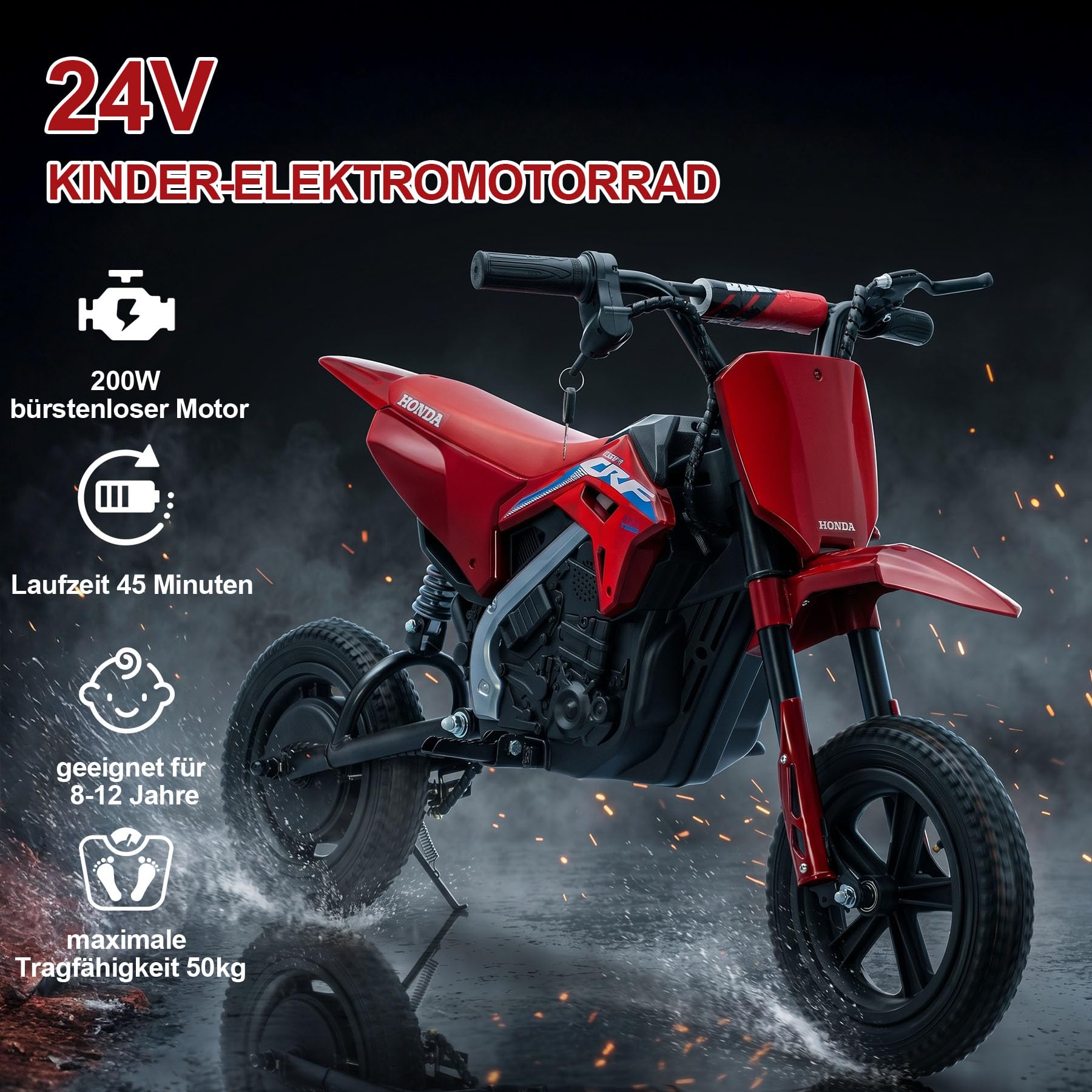 Kinder Motorrad elektrisch, 24V Elektro Motorrad für Kinder mit 200W bürstenlosem Motor, Bluetooth & USB, 10–15 km/h, Kinder Motocross für Kinder bis 50 kg， rot