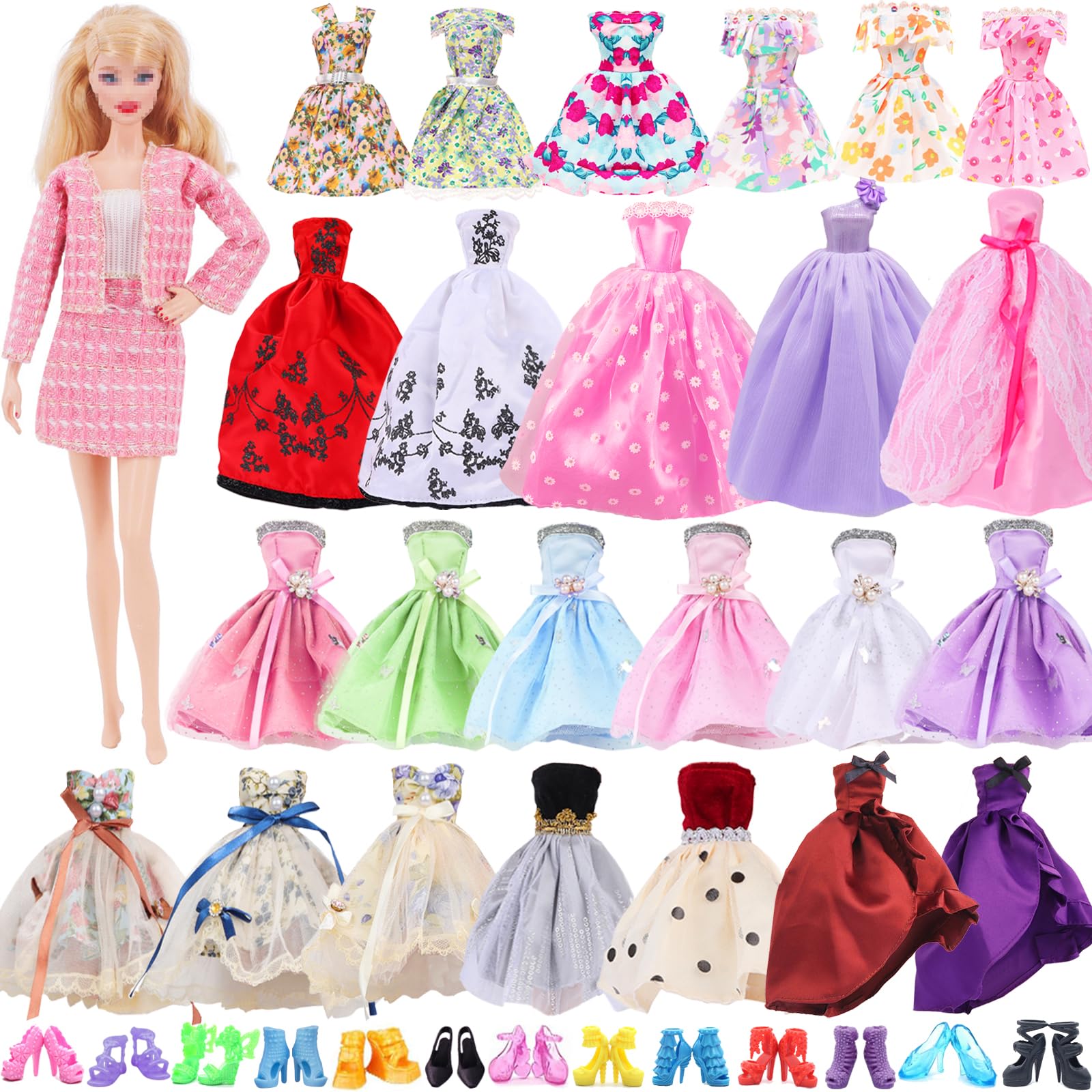 22 PCS Doll Clothes Outfits and Accessories for 11.5 Inch Girl Dolls, Include 3 Floral Dresses 1 Small Fragrance Suit 5 Fashion Dresses 3 Princess Dresses 10 Shoes for Barbie Doll