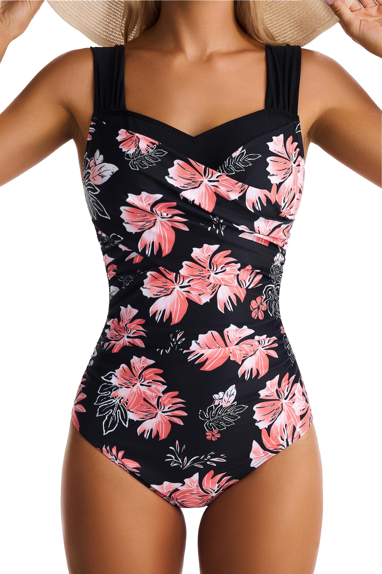 One Piece Swimsuit for Women Tummy Control Wide Straps Bathing Suits Full Coverage Swim Suit Color Block Swimwear