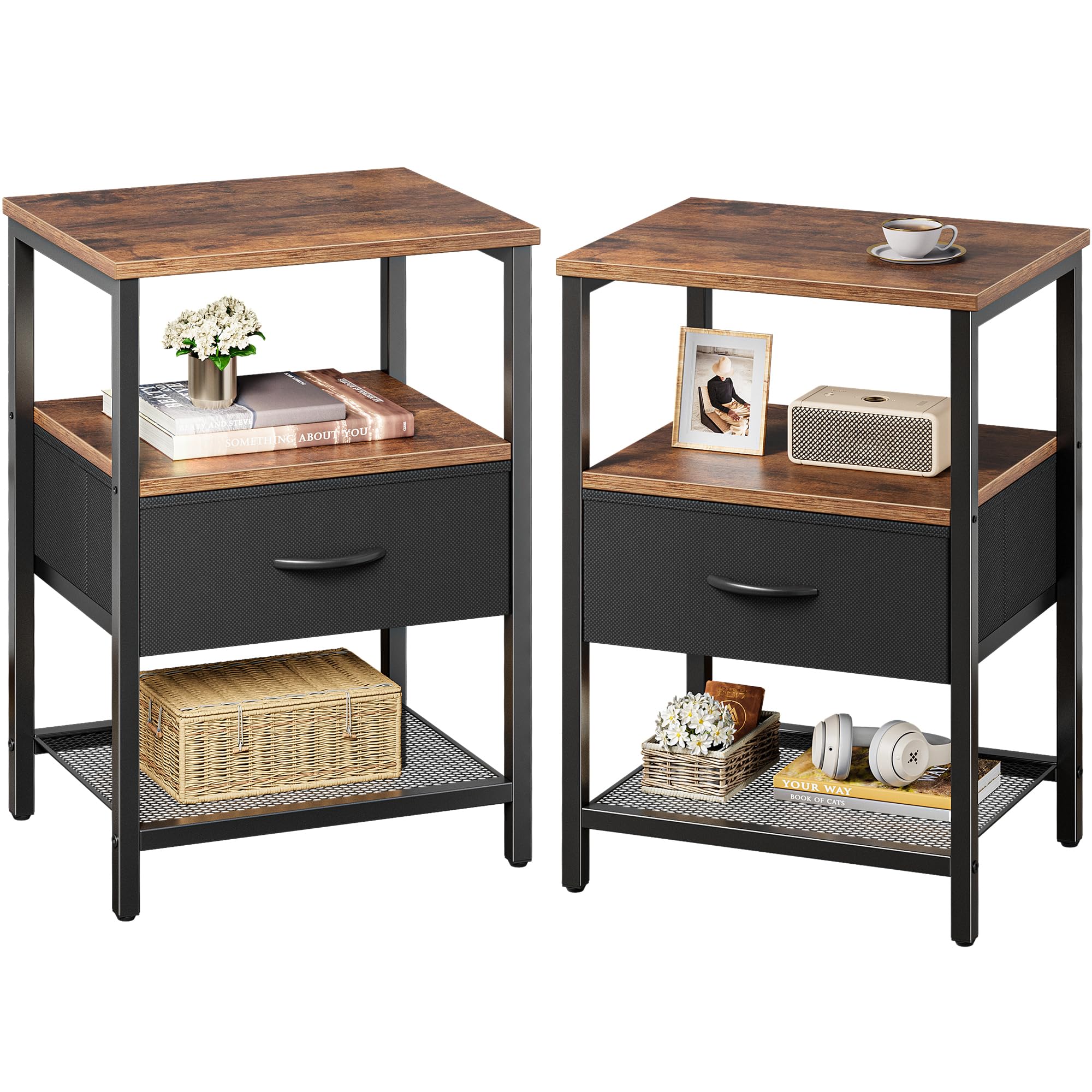 Nightstand Set of 2, Night Stand with Fabric Drawer, Mesh Shelf, Side Table with Storage, Fabric Drawer Dresser, Open Shelf, Metal Frame, Bedroom, Rustic Brown and Black