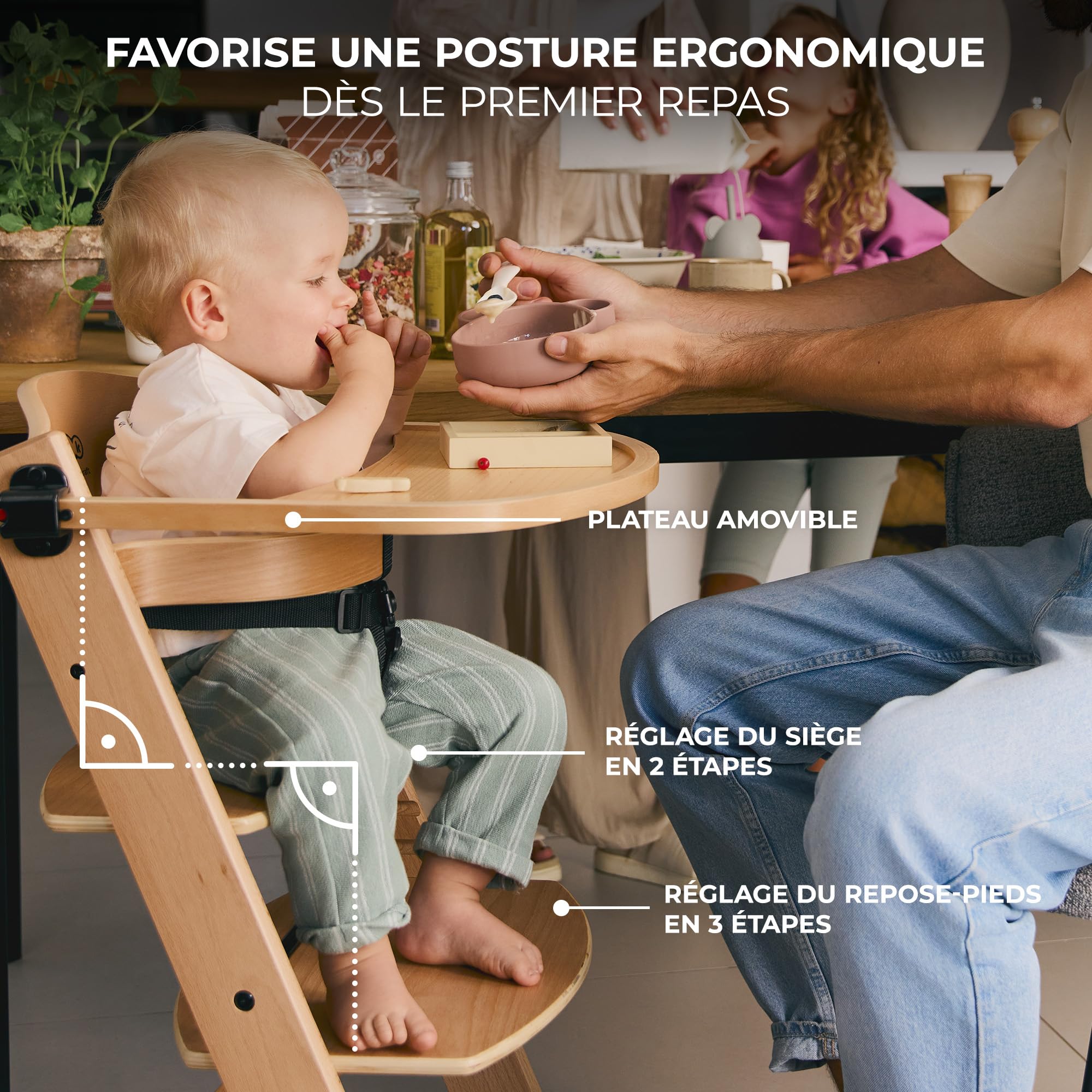 Kinderkraft ENOCK Chaise Haute Bébé + Transat CALMEE, Bois Naturel, Chaise d'alimentation Évolutive Réglable