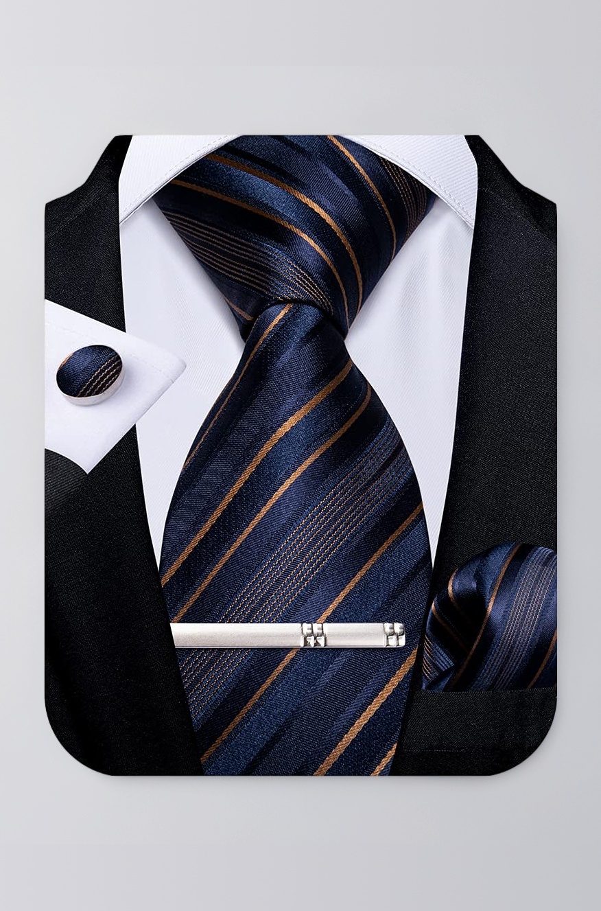 DiBanGu Men's Navy Blue Brown Striped Tie Silk Woven Necktie Pocket Square Cufflink Set Formal
