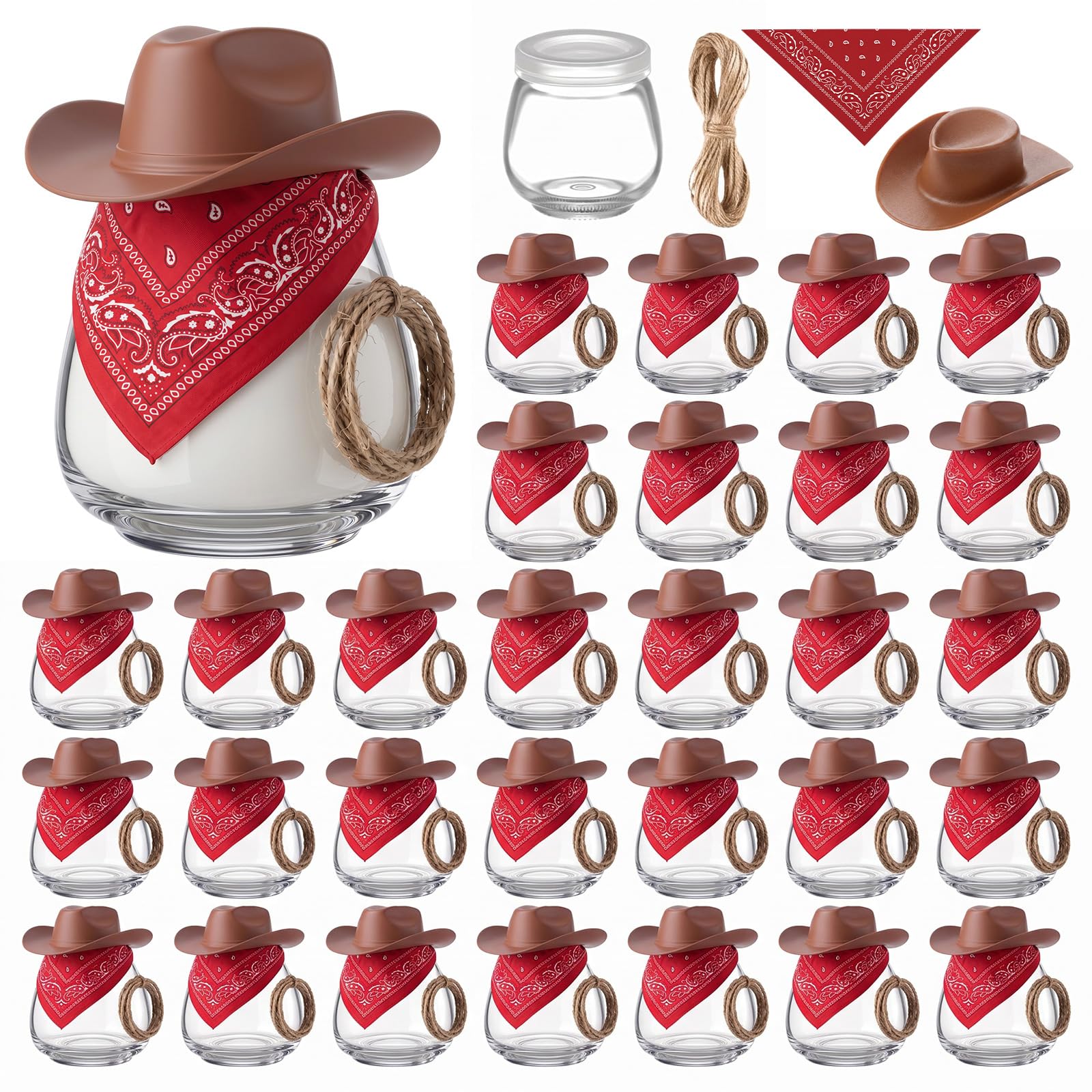 LemonRoad 30 Pcs Mini Yogurt Jars 3.4 oz Glass Bottles with Plastic Lids for Jam, Honey, Wedding Favors, Birthday Party Decor Mason Jar with Checkered Cloth and Rope (Circle,Cowboy Hat)